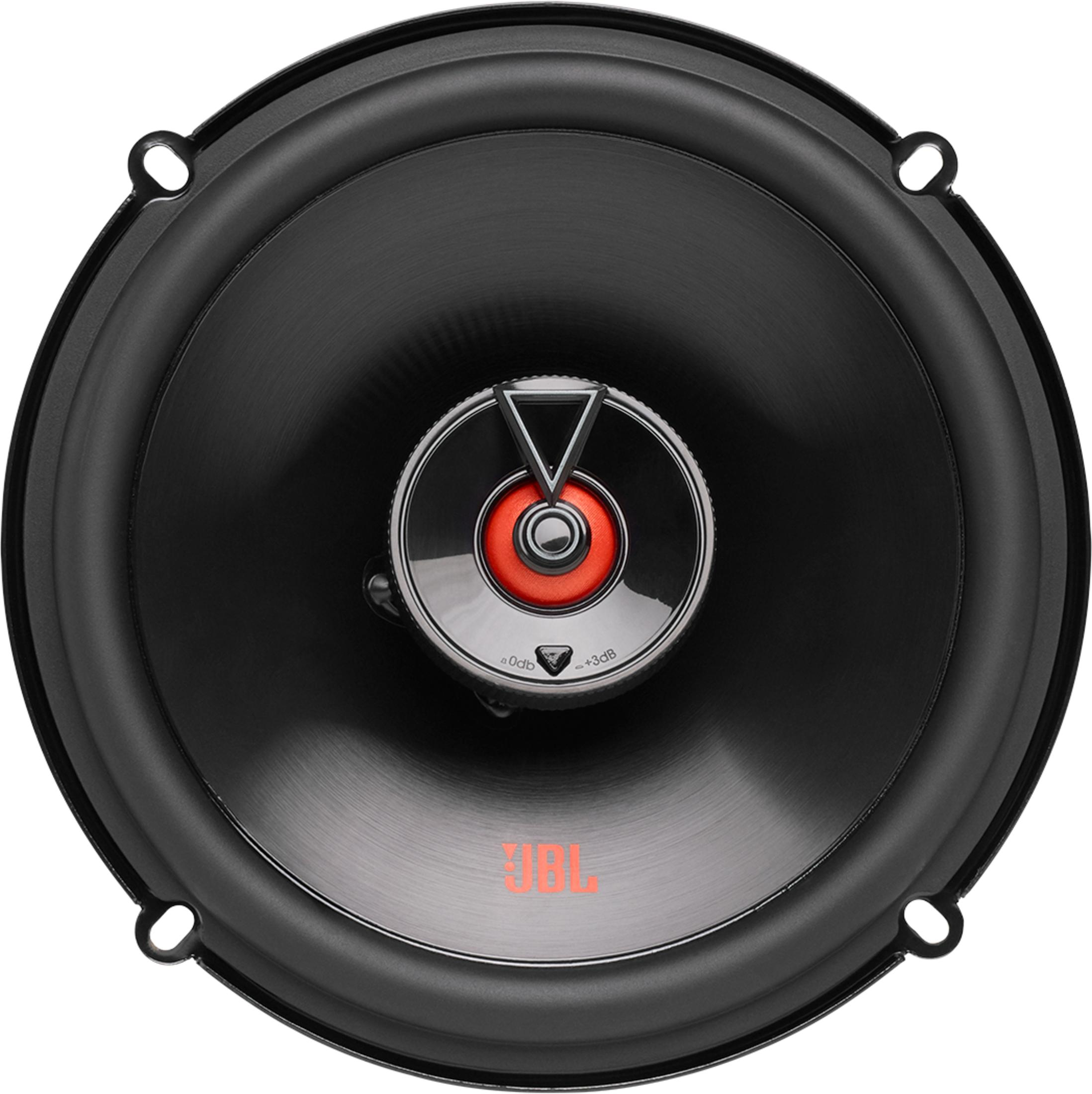 Un altoparlante nero con centro rosso e logo JBL.