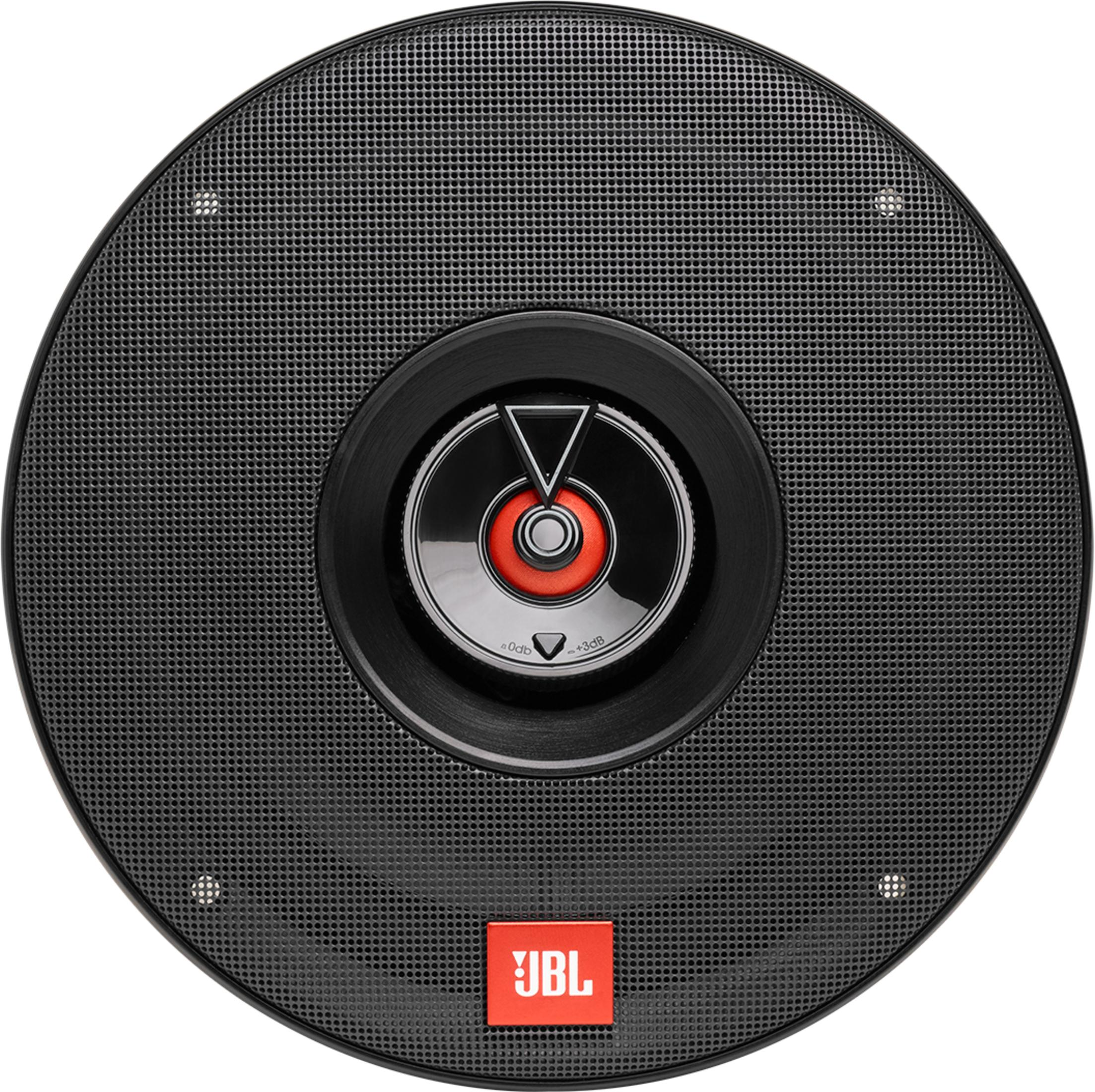Un altoparlante JBL rotondo nero con centro argentato e rosso.