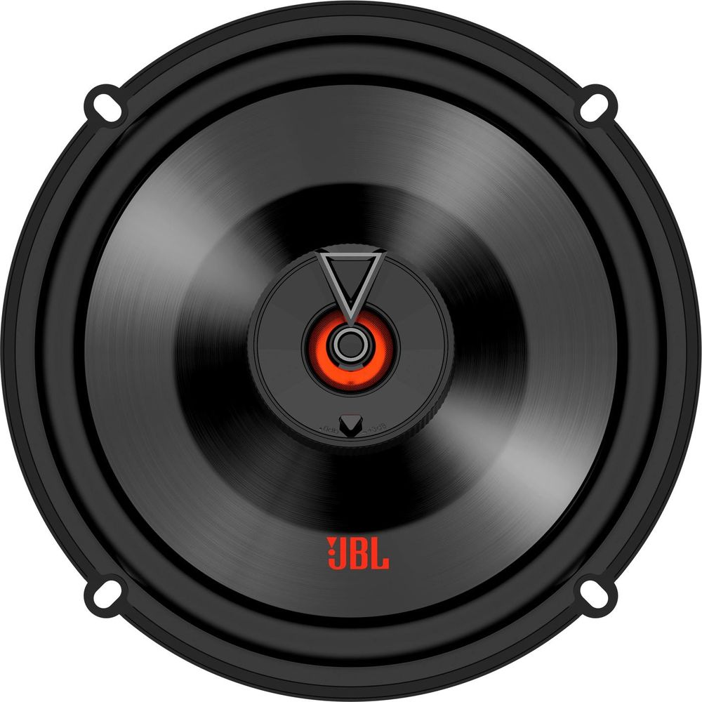 Altoparlante JBL nero con accento centrale rosso e fori di montaggio.