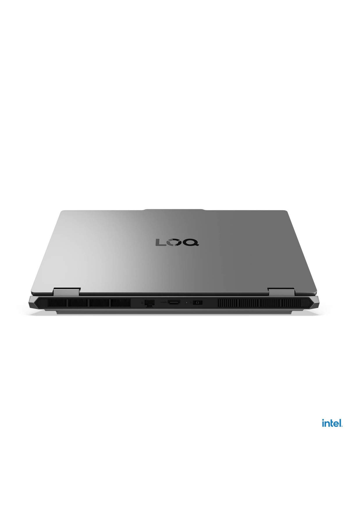 Kapalı gümüş dizüstü bilgisayar, 'LOQ' logosu ve Intel logosu.