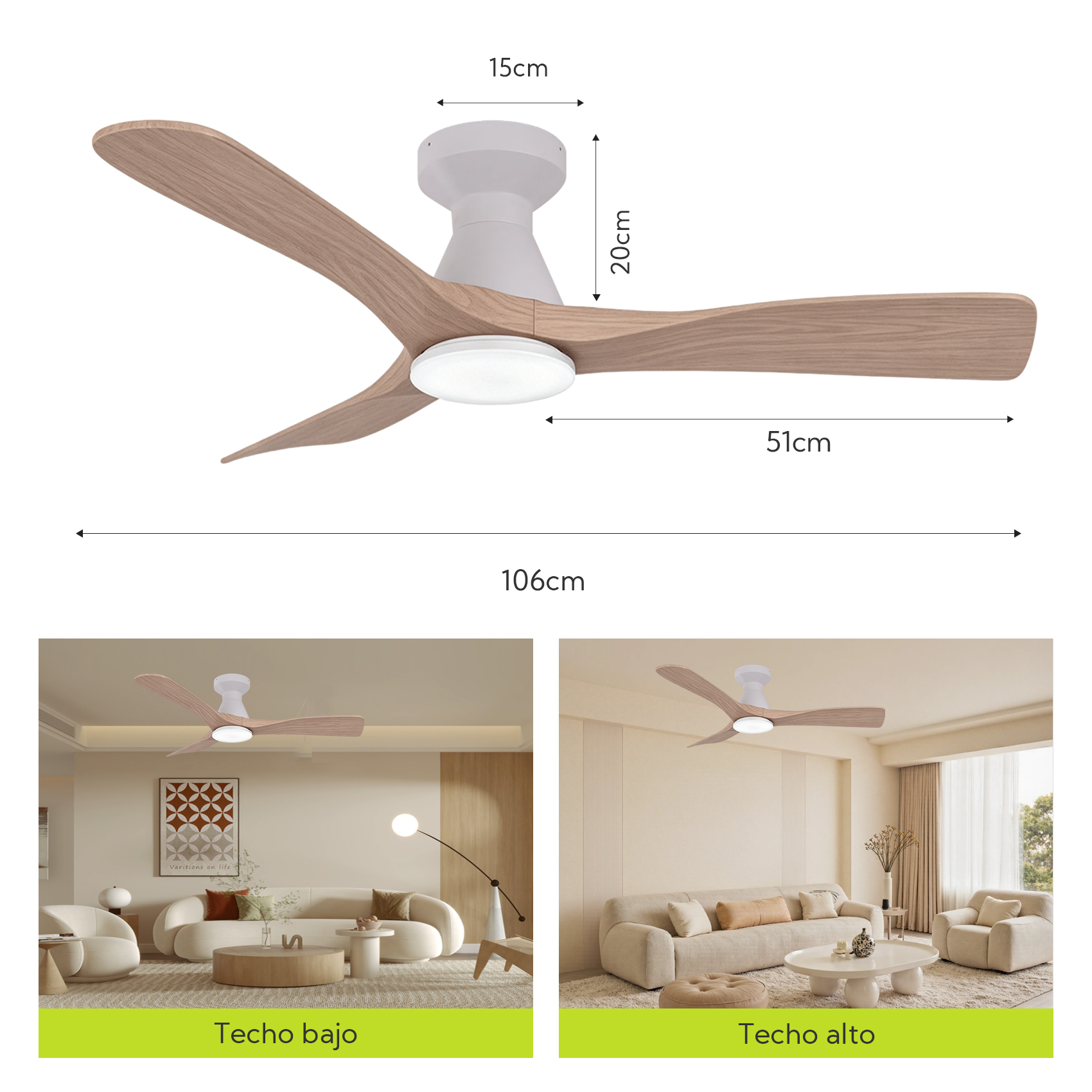 Ventilador de techo con tres aspas de madera y luz LED, con dimensiones.