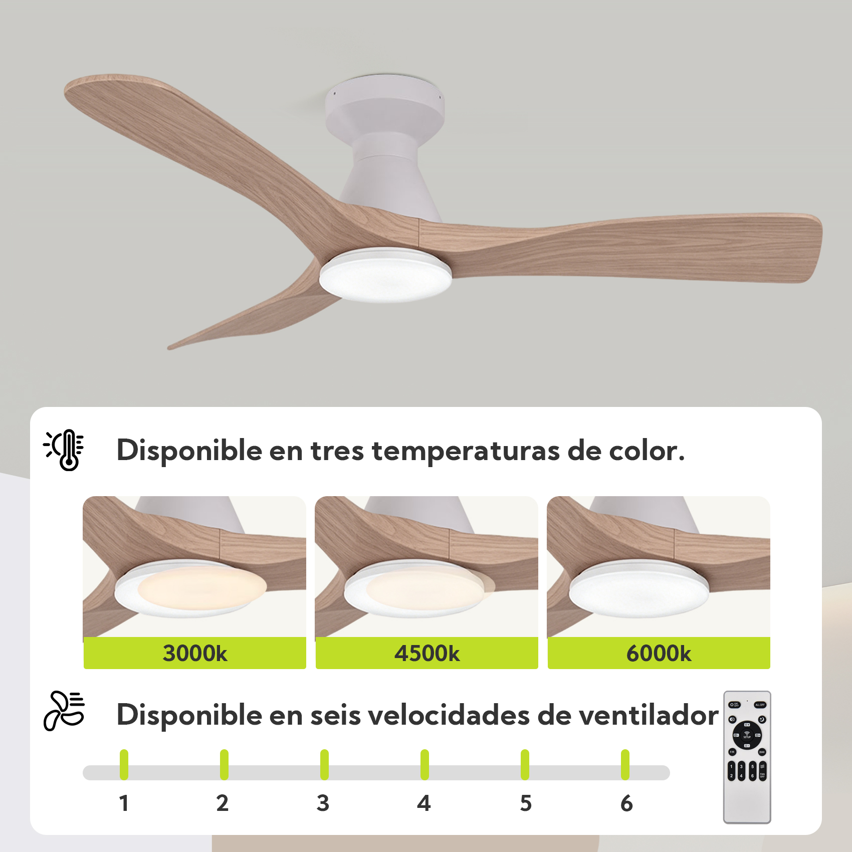 Se muestra un ventilador de techo con aspas de madera y luz integrada.