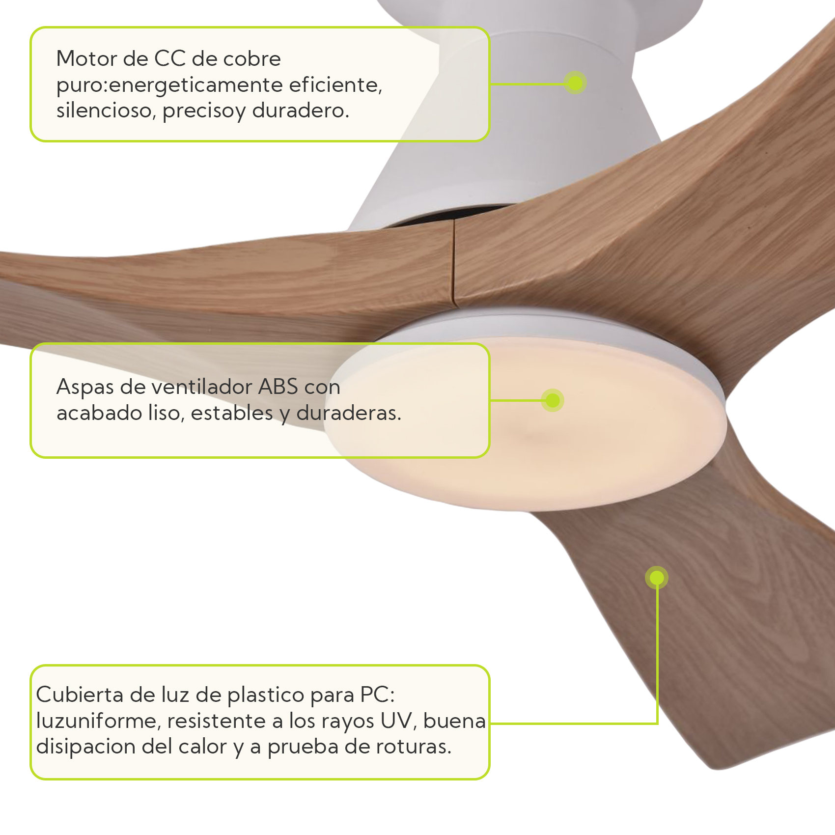 Un ventilador de techo con aspas de madera, luz y motor de cobre.