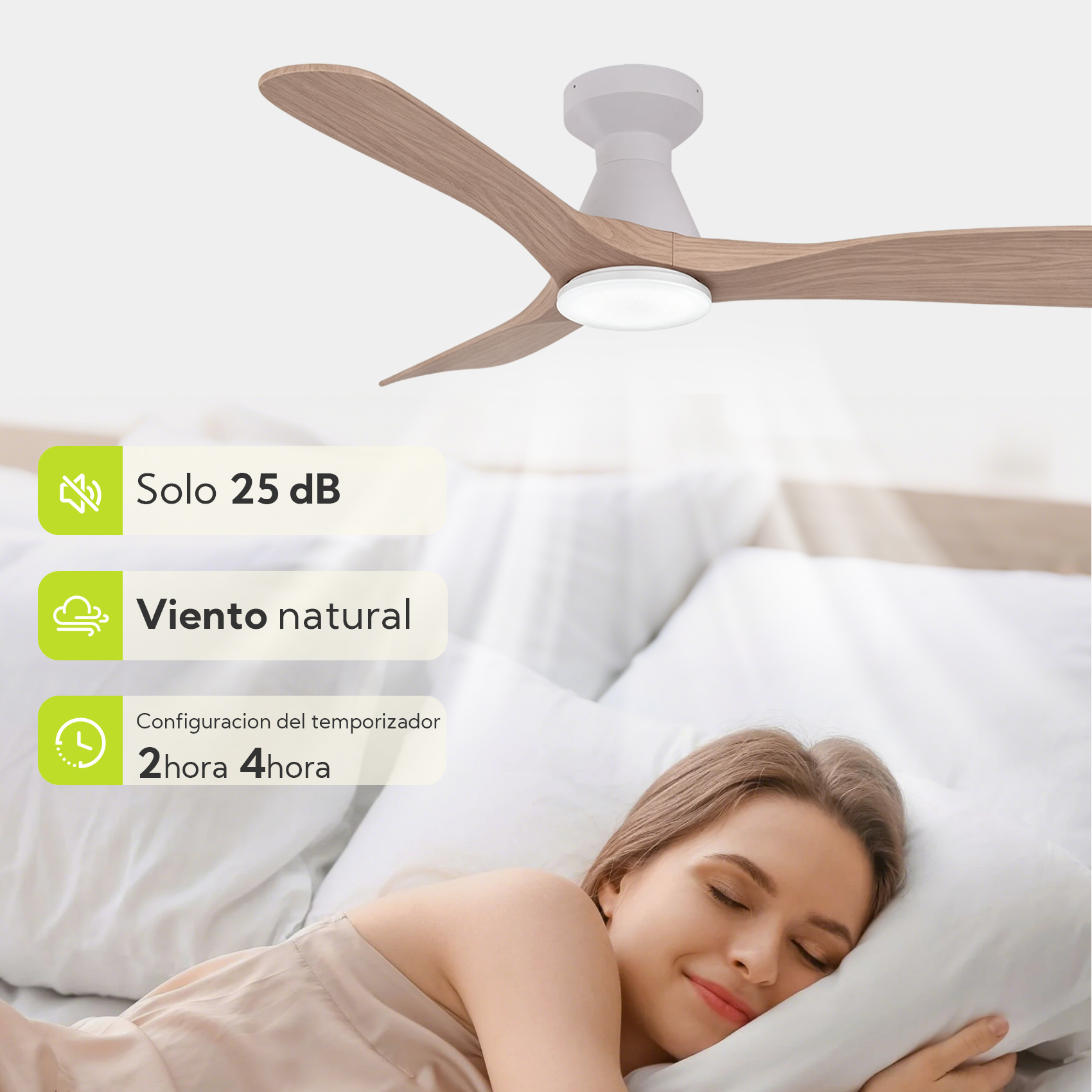 Ventilador de techo con aspas de madera y luz LED sobre mujer durmiendo.