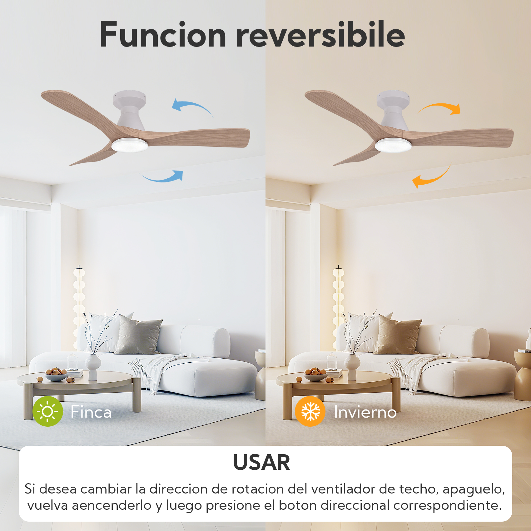 Ventilador de techo con aspas de madera en modo verano (azul) e invierno (naranja).