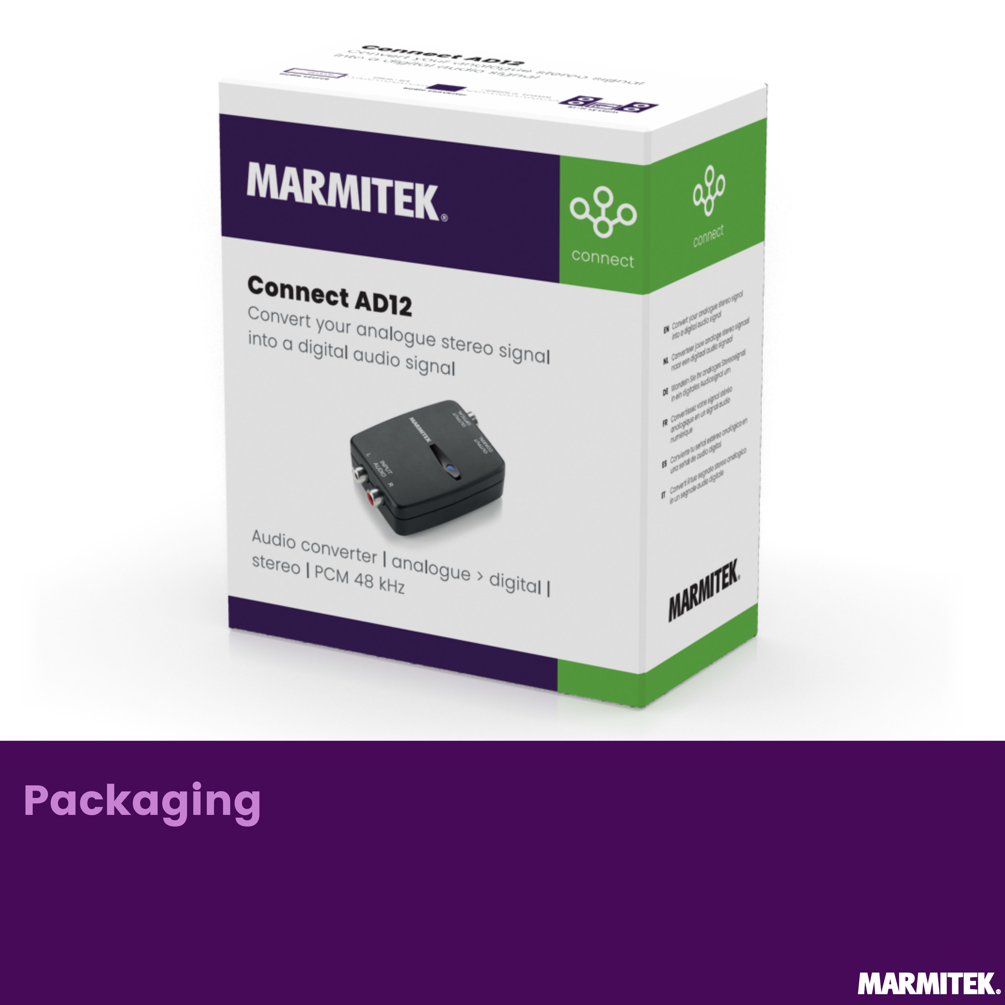 Confezione del convertitore audio Marmitek Connect AD12.