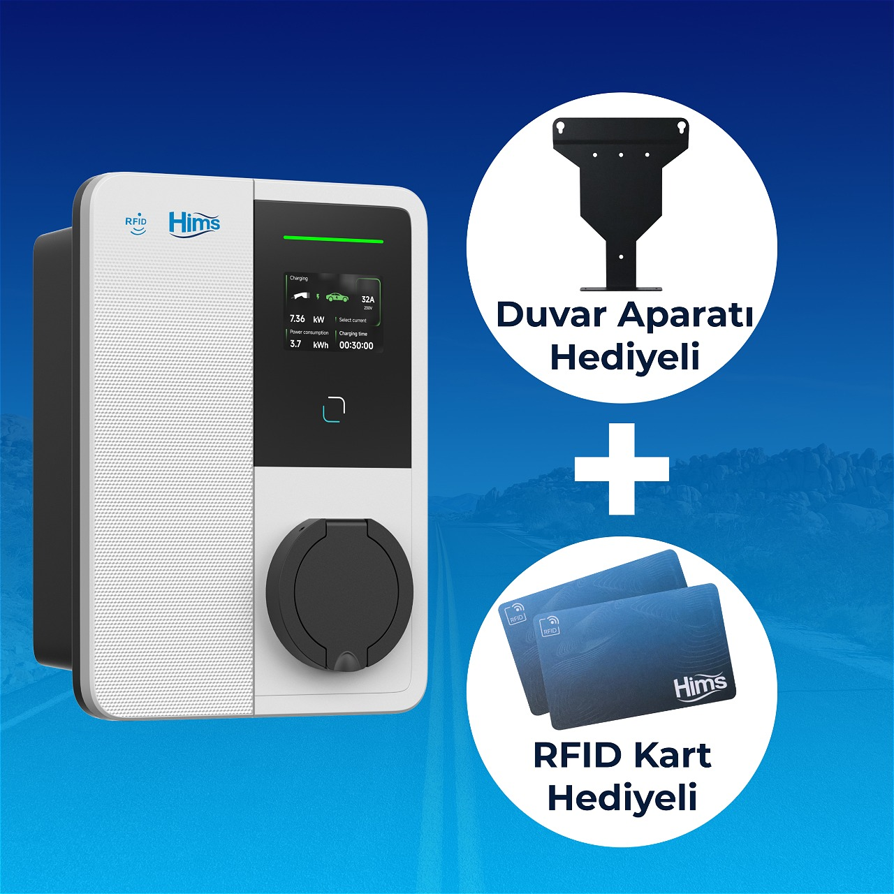Hims şarj istasyonu, duvar aparatı ve RFID kartları hediyeli.