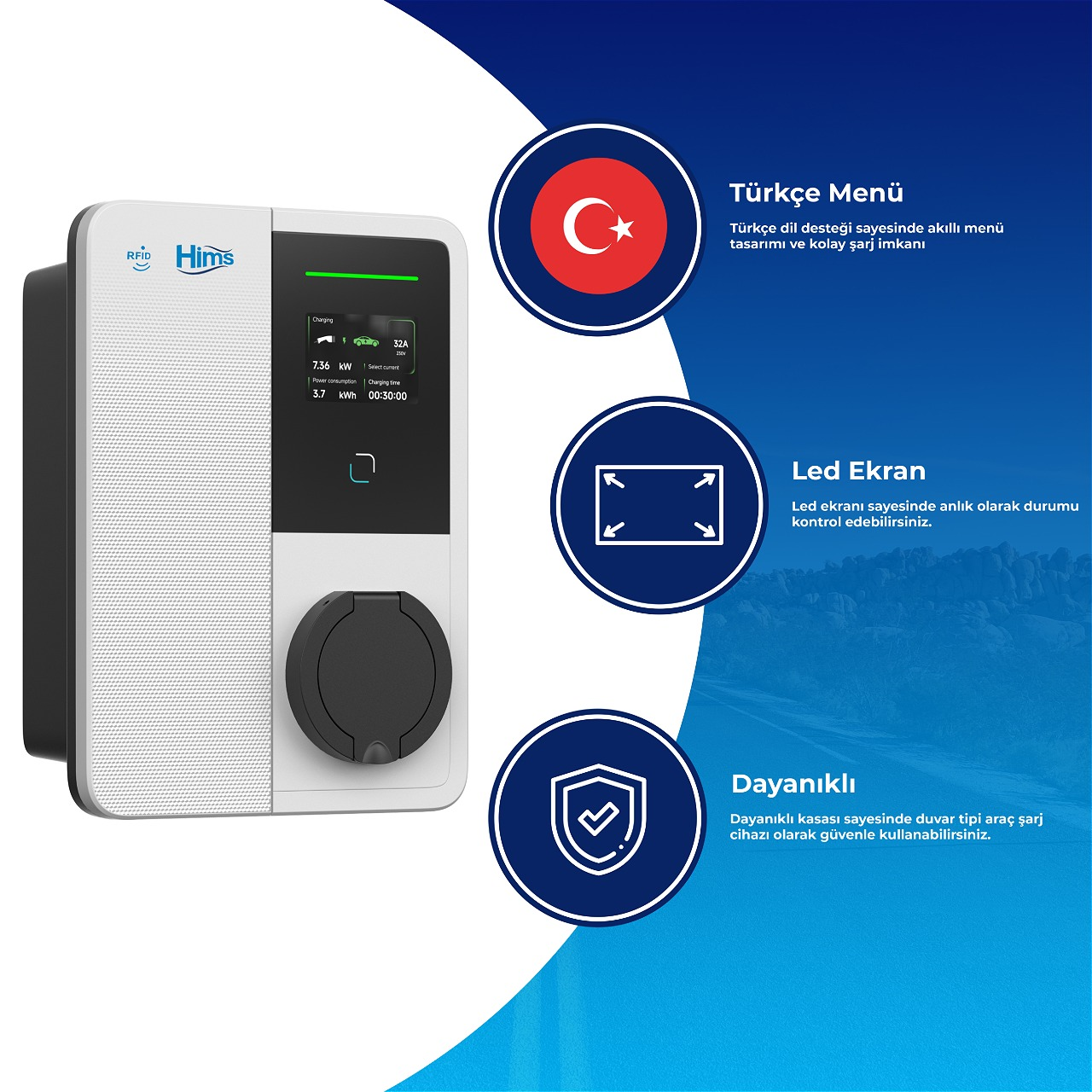 HIMS HEVC-22 22kW Bireysel Duvar Tipi Taşınabilir Araç Şarj