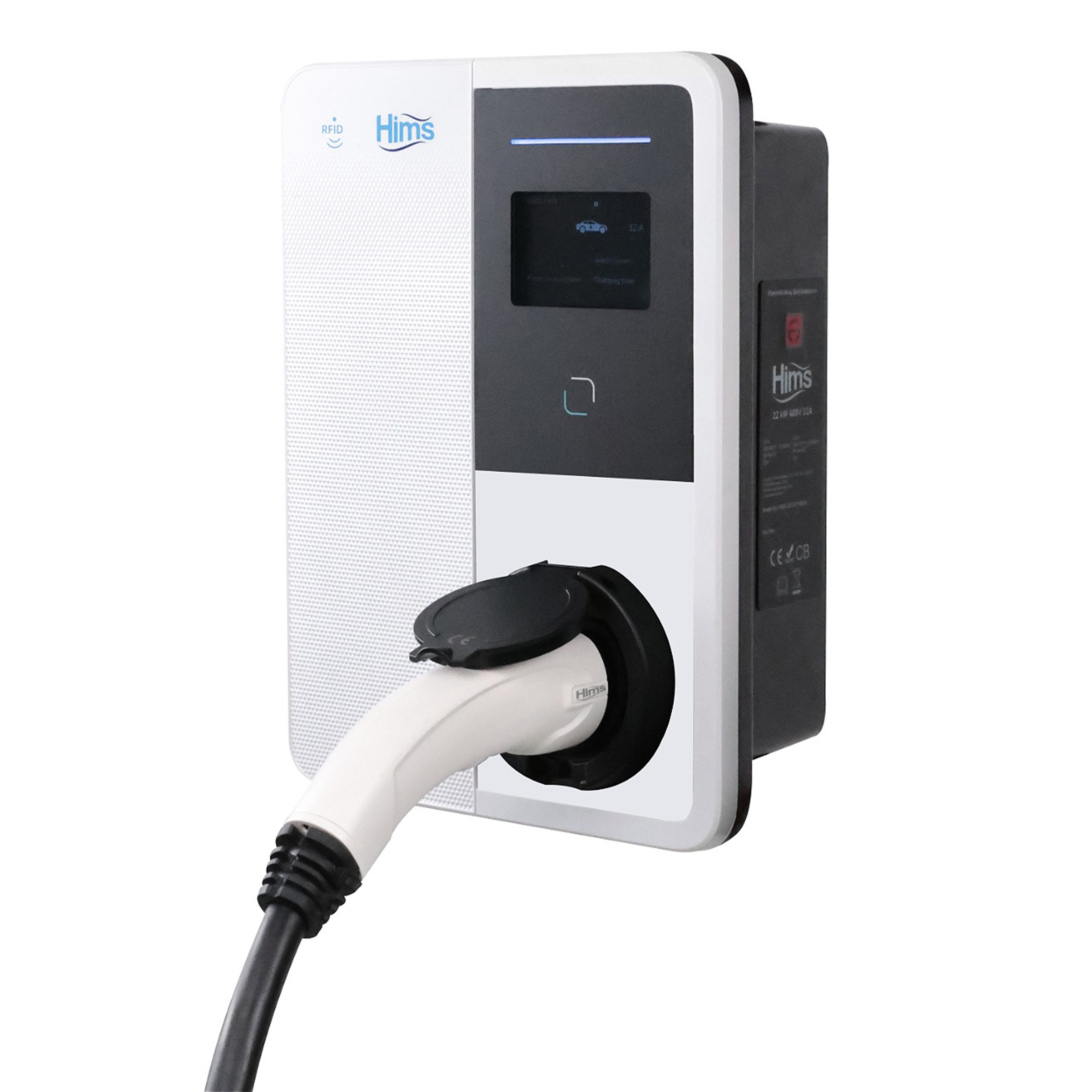 Beyaz bir elektrikli araç şarj istasyonu, takılı beyaz kablo ve fişiyle.