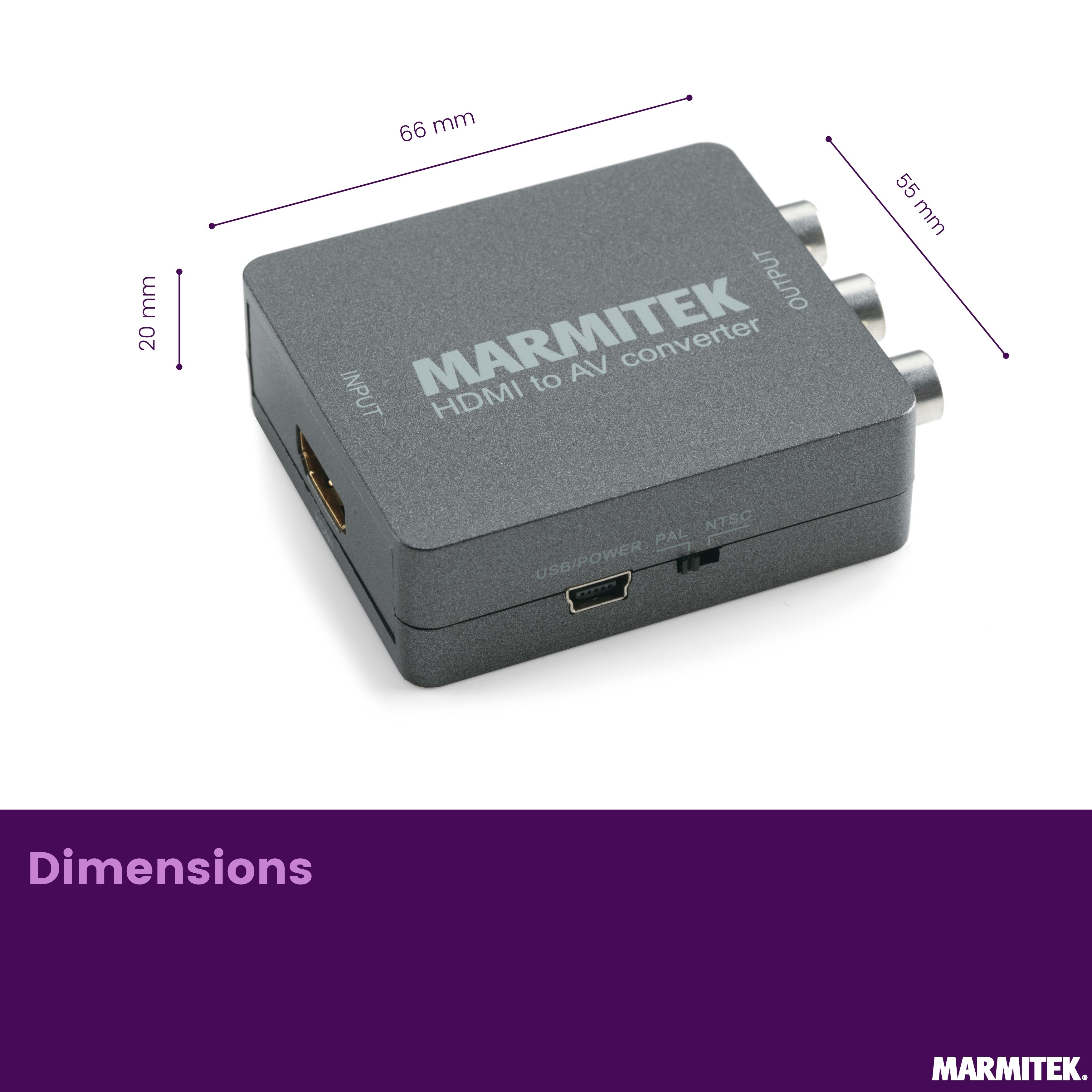 Grauer HDMI-zu-AV-Konverter von Marmitek, 66x55x20 mm, mit Anschlüssen.