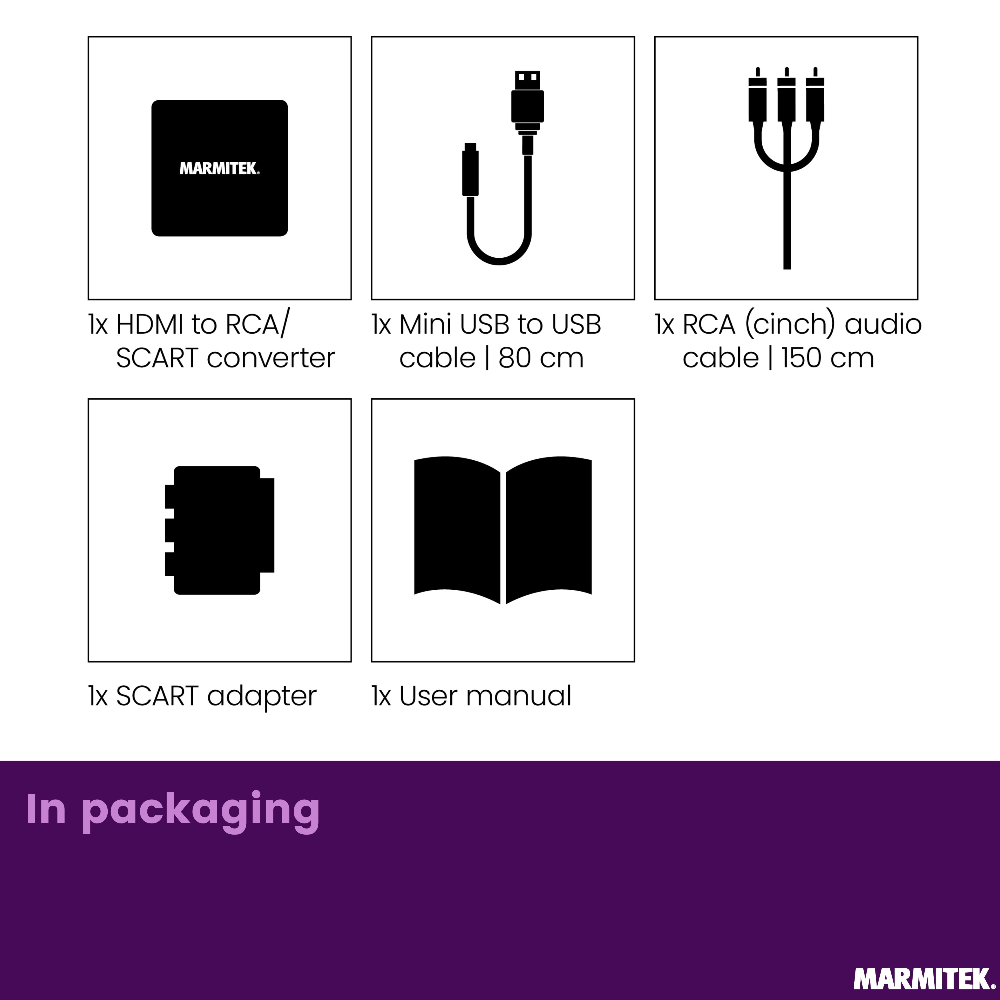 Verpackungsinhalt: HDMI-zu-SCART-Adapter, Mini-USB-Kabel, RCA-Kabel, SCART-Adapter, Handbuch.