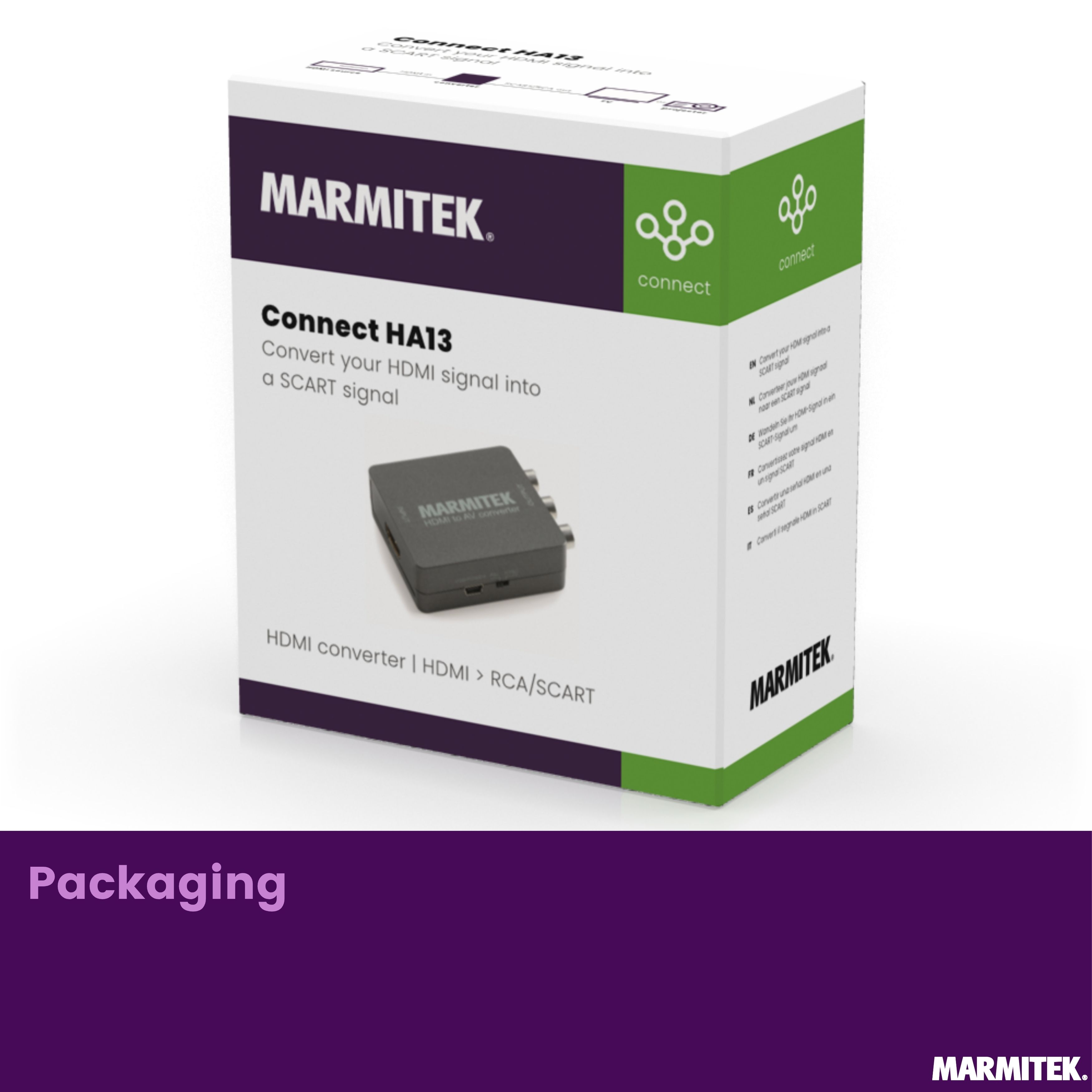 Marmitek Connect HA13 HDMI zu SCART Konverter auf weißem Hintergrund.