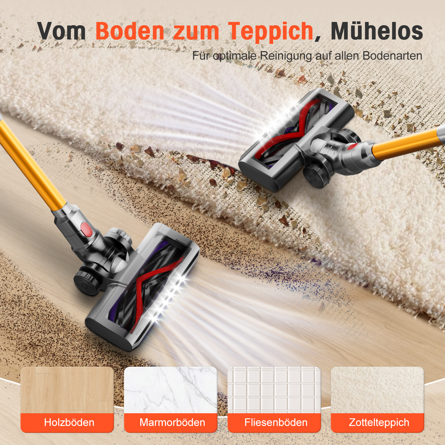 Ein Staubsauger reinigt mühelos verschiedene Böden wie Holz, Marmor, Fliesen und Teppich.