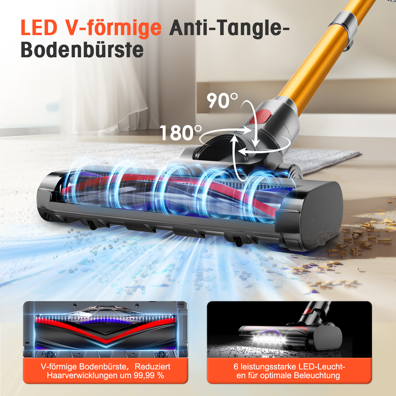 Ein Staubsaugeraufsatz mit V-förmiger Bürste und LEDs reinigt den Boden.