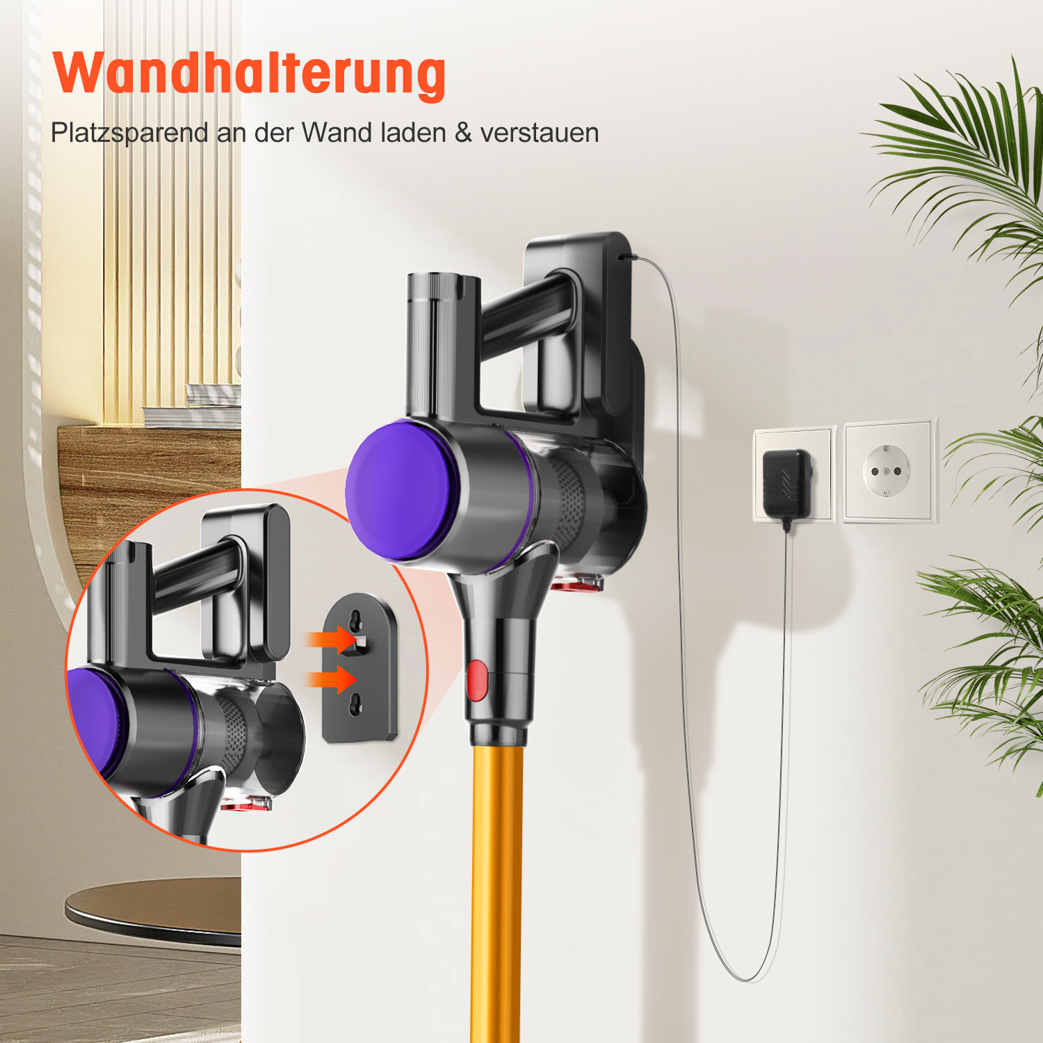 Ein kabelloser Staubsauger lädt an einer Wandhalterung.