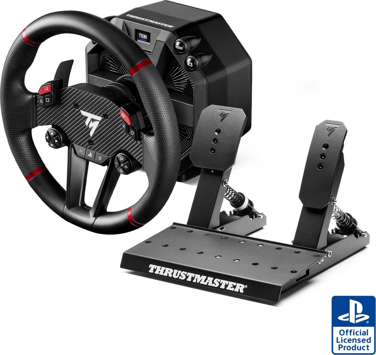 Un volant de course noir avec des accents rouges et des pédales, sur fond blanc.