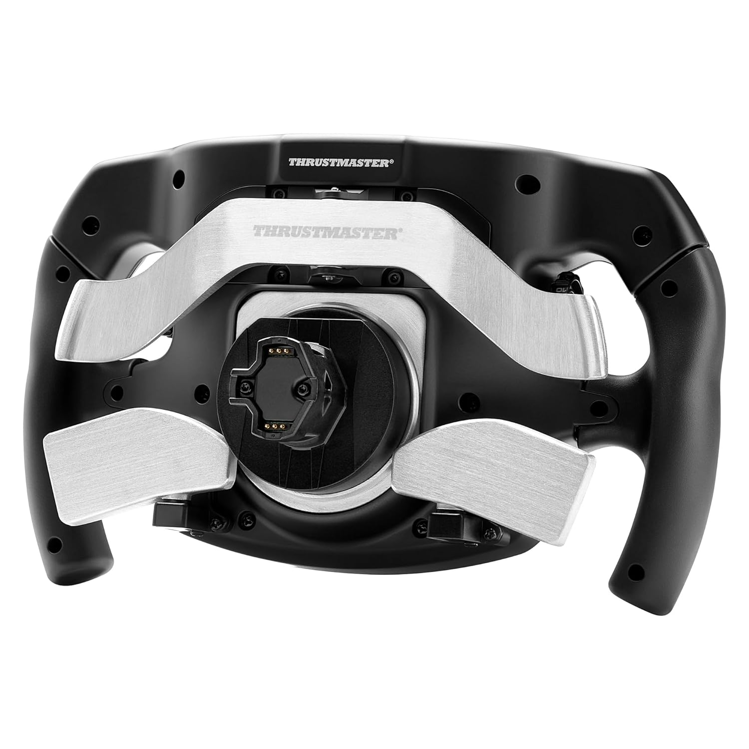 Ein schwarzes Lenkrad mit silbernen Akzenten und Thrustmaster-Logo.