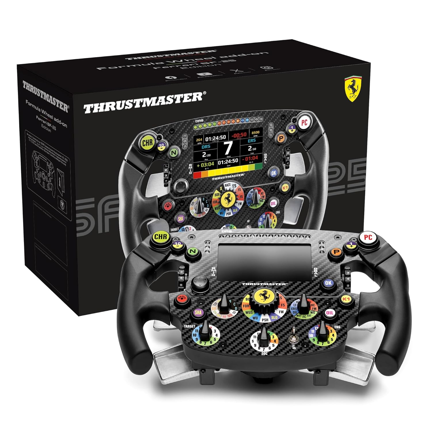 Ein Thrustmaster Formel 1 Rennlenkrad mit Ferrari-Logo auf schwarzem Carbon.