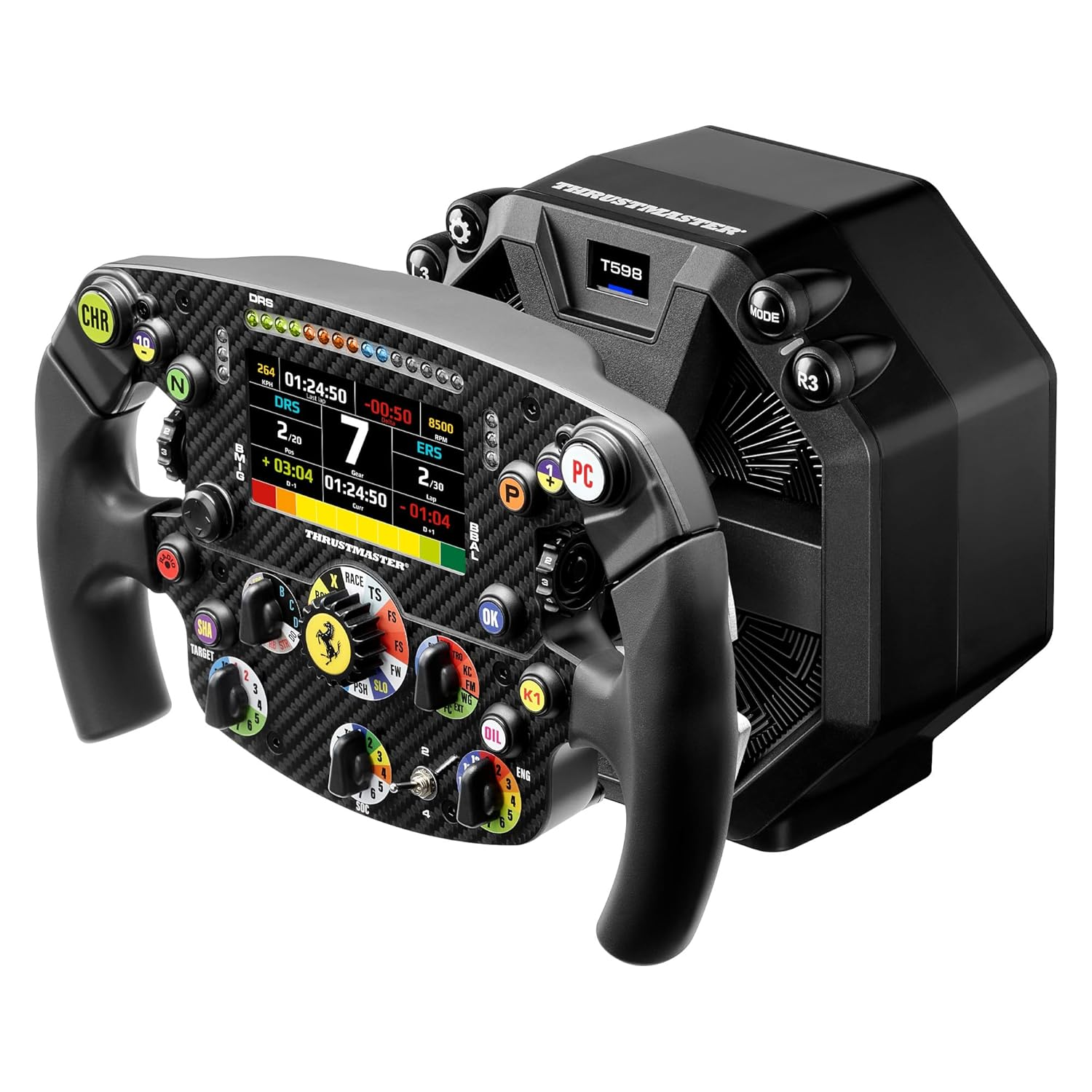 Ein schwarzes Thrustmaster T598 Rennlenkrad mit Digitalanzeige und vielen Knöpfen.