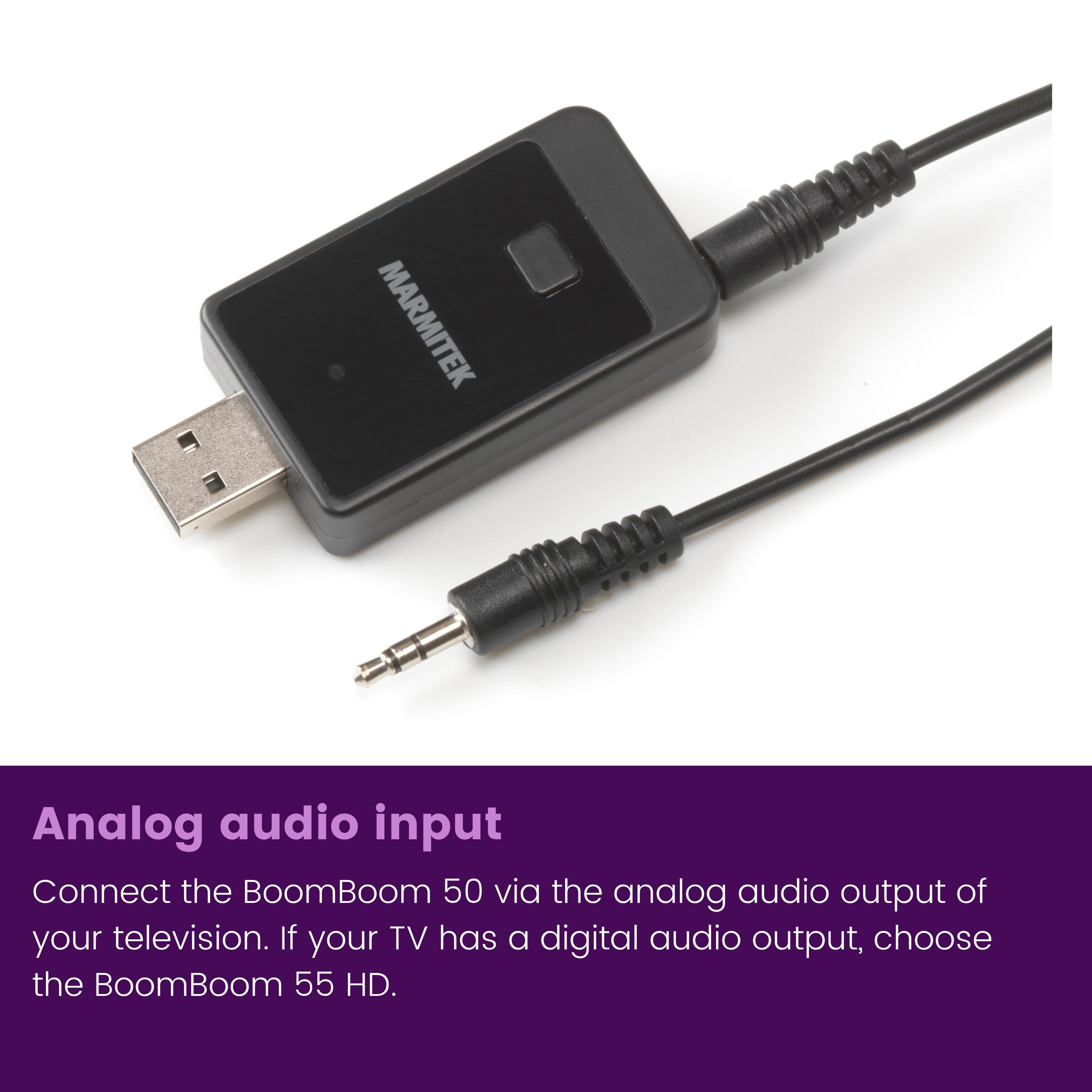 Dispositivo audio Marmitek nero con USB e jack da 3,5 mm.