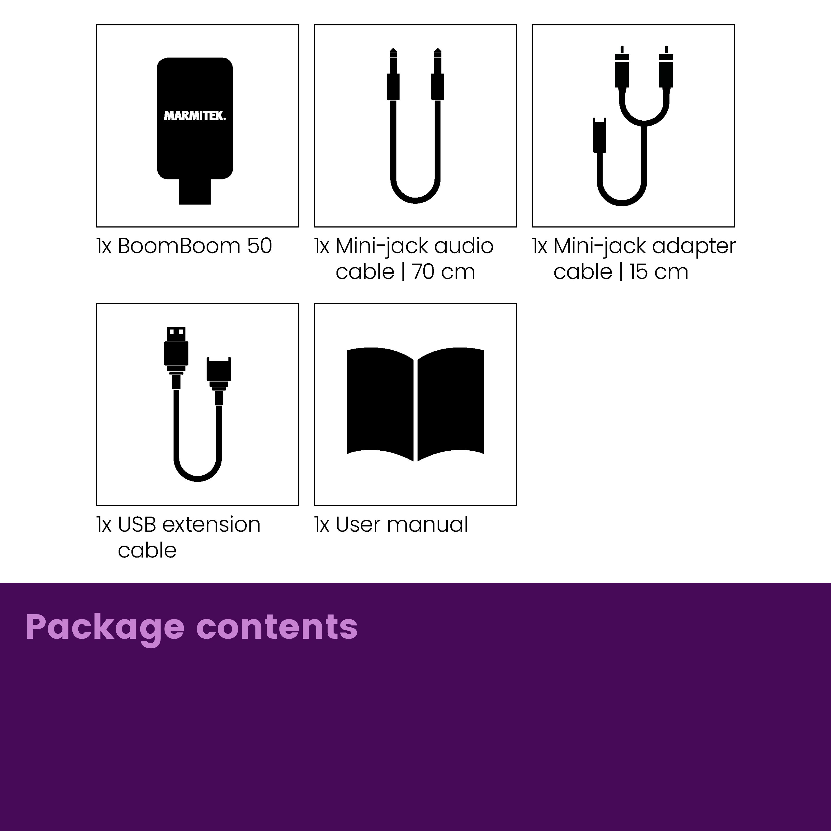 Contenuto della confezione: Marmitek BoomBoom 50, cavo audio, cavo adattatore, cavo USB, manuale.