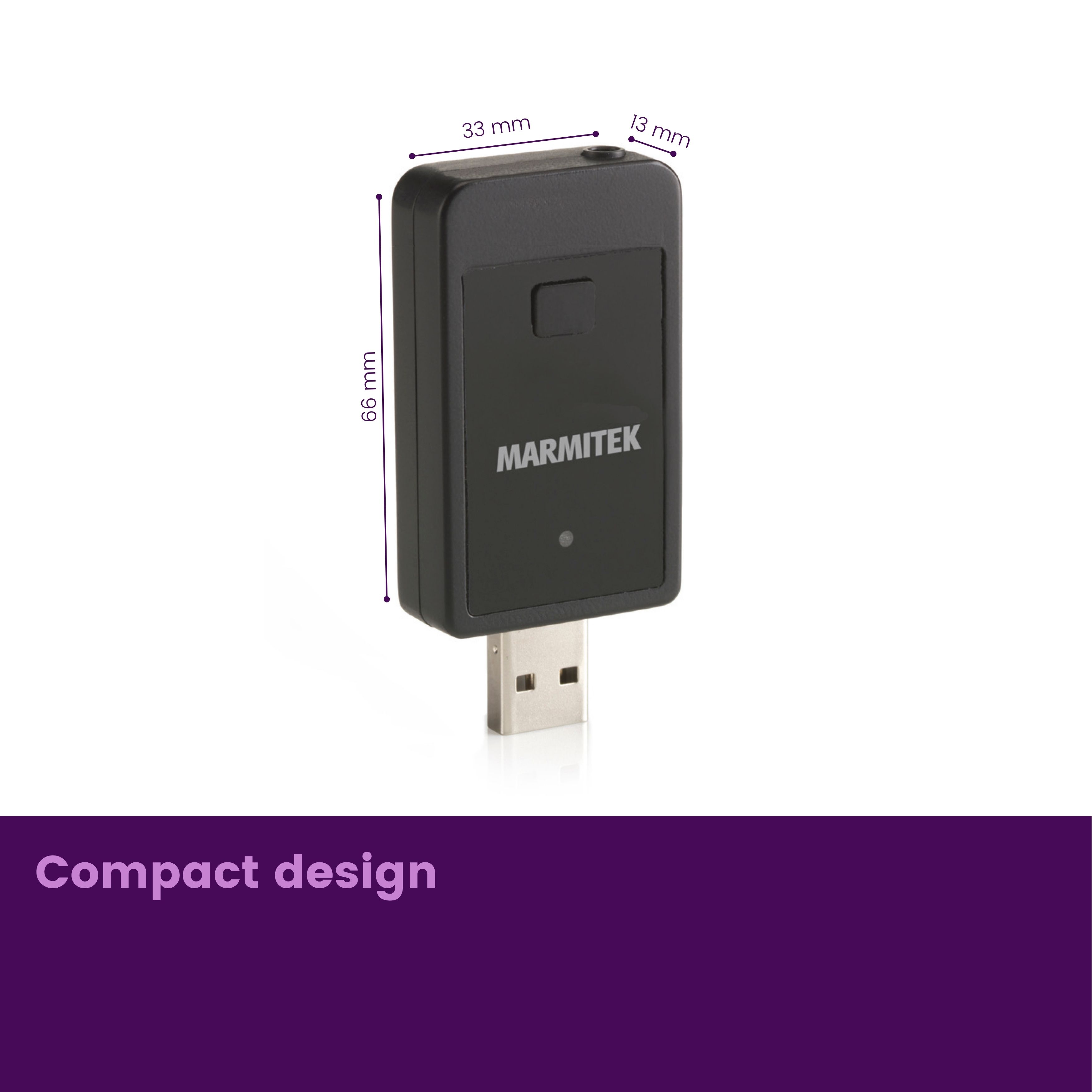 Adattatore USB nero con logo Marmitek, 66x33x13 mm.