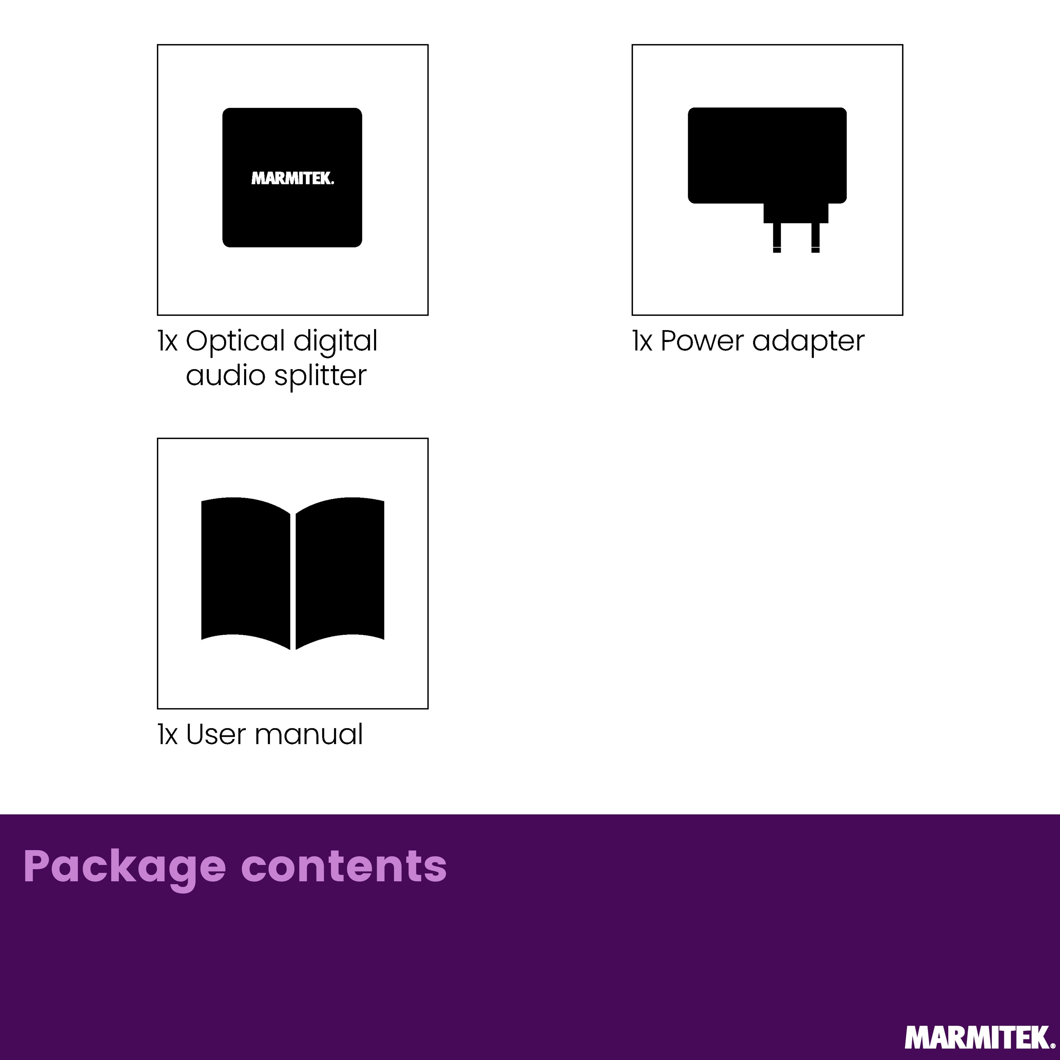 Package contents: Optical audio splitter, power adapter, user manual.