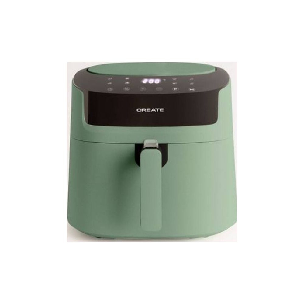 Una friggitrice ad aria verde con pannello di controllo nero e display digitale.