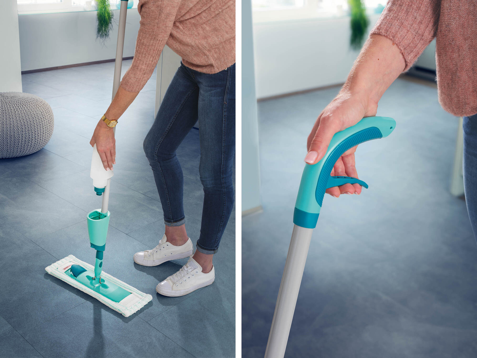 Person mit Sprühwischmopp auf blauem Boden, nahaufnahme des Griffs.