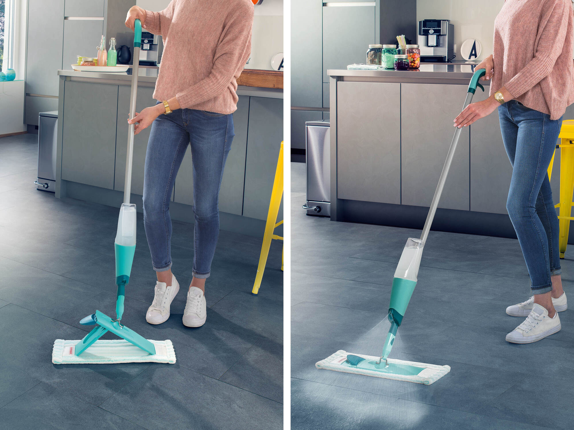 Eine Frau wischt den Boden in einer modernen Küche mit einem Sprühwischmopp.