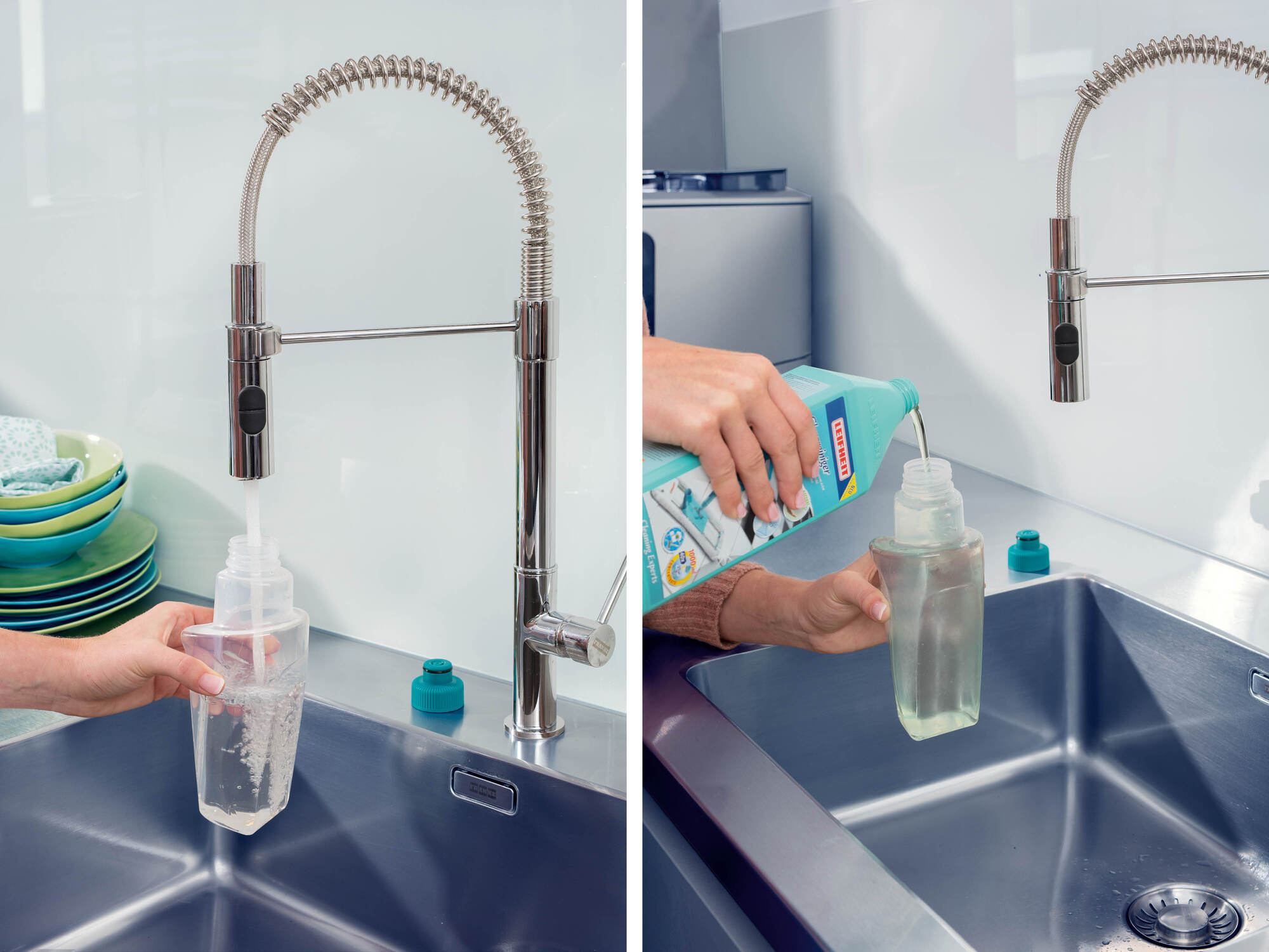 Wasser fließt in eine Flasche, daneben wird Flüssigkeit in eine andere Flasche gegossen.