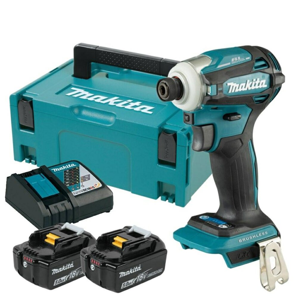 Set de atornillador de impacto Makita con maletín, cargador y dos baterías.