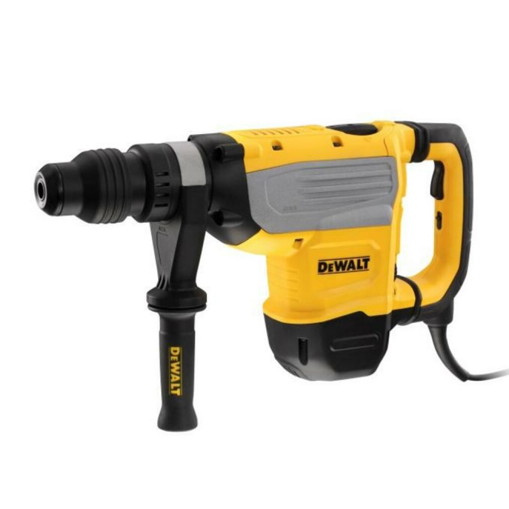 Un martello tassellatore DeWalt giallo e nero con impugnatura ausiliaria.