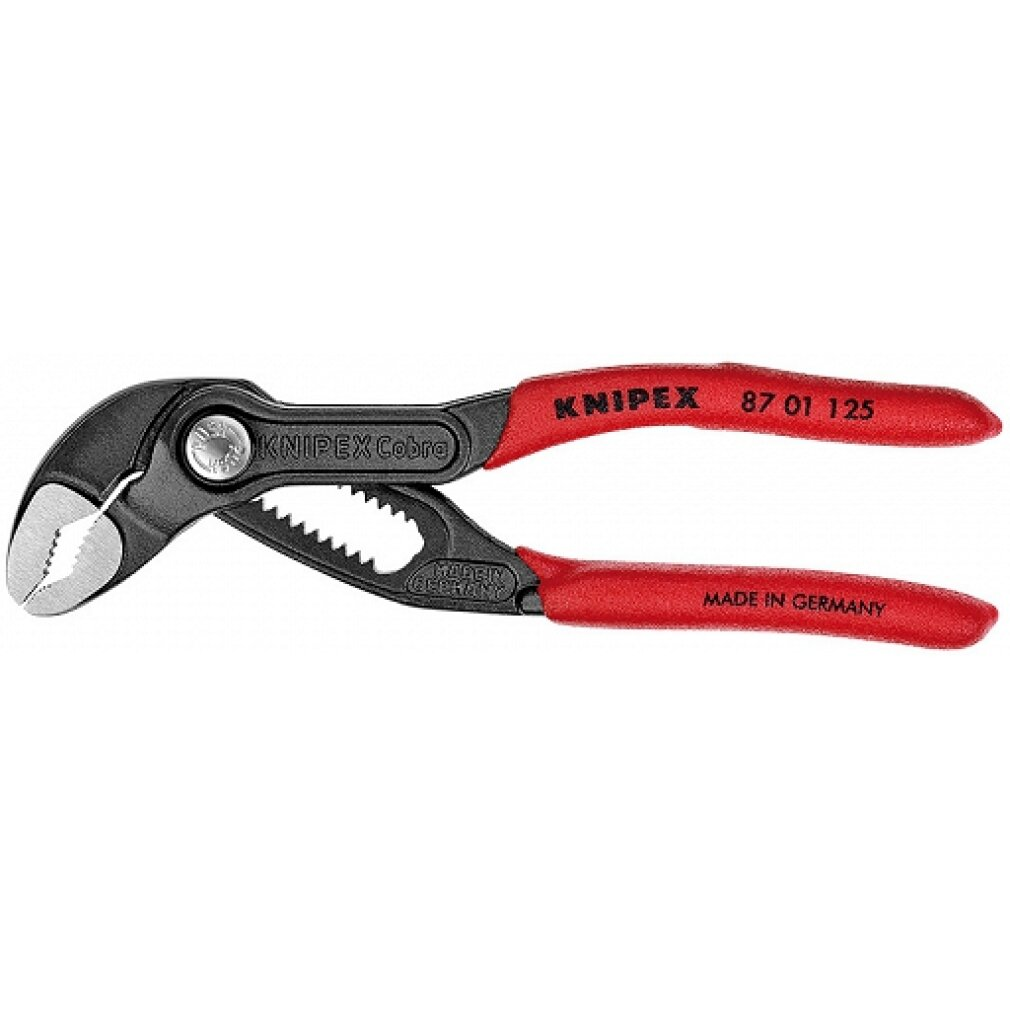 Czerwone kombinerki Knipex Cobra z czarnymi szczękami i ząbkami.