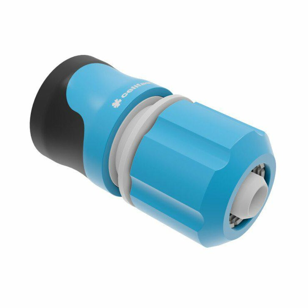 Un conector de manguera de jardín azul y negro con anillos y marcas blancas.