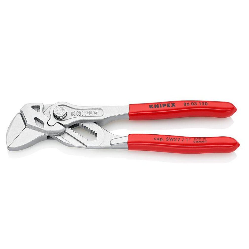 Silver pipe wrench with red handles, on a white background.