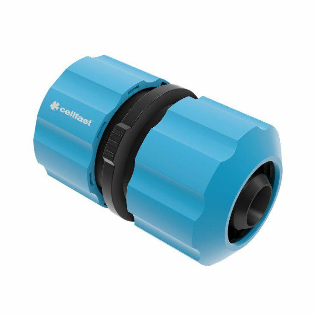 Un conector rápido azul para manguera de jardín con parte central negra.