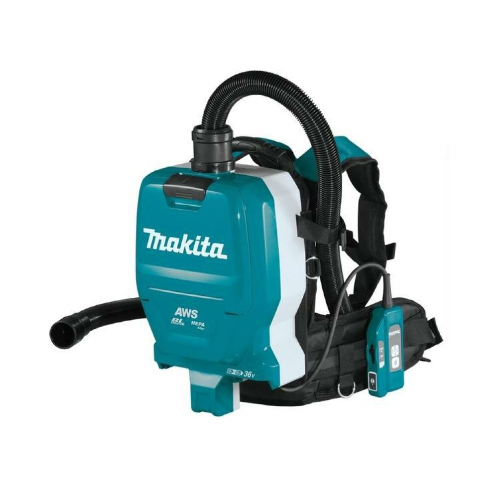 Un aspirapolvere Makita a zaino turchese con tubo e unità di controllo neri.