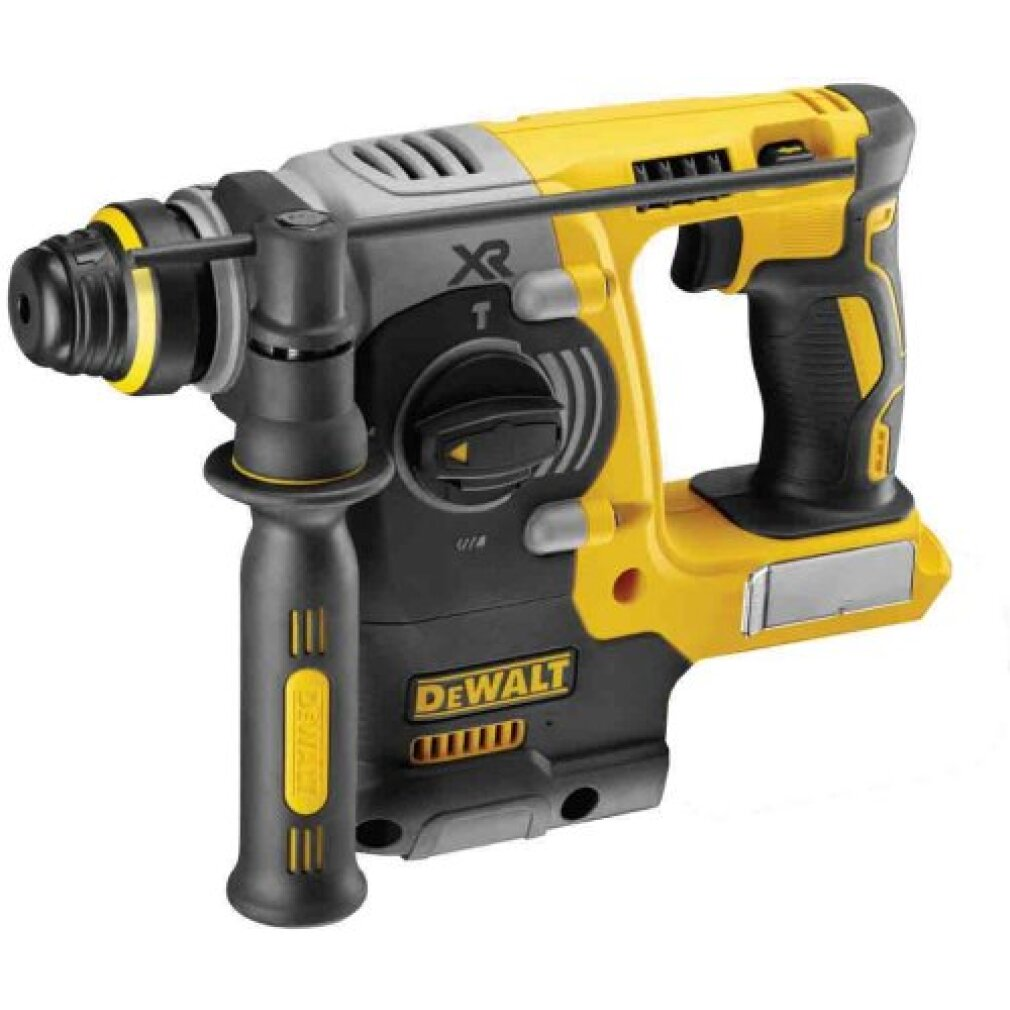 Un taladro amarillo y negro con mango auxiliar y logo XR.