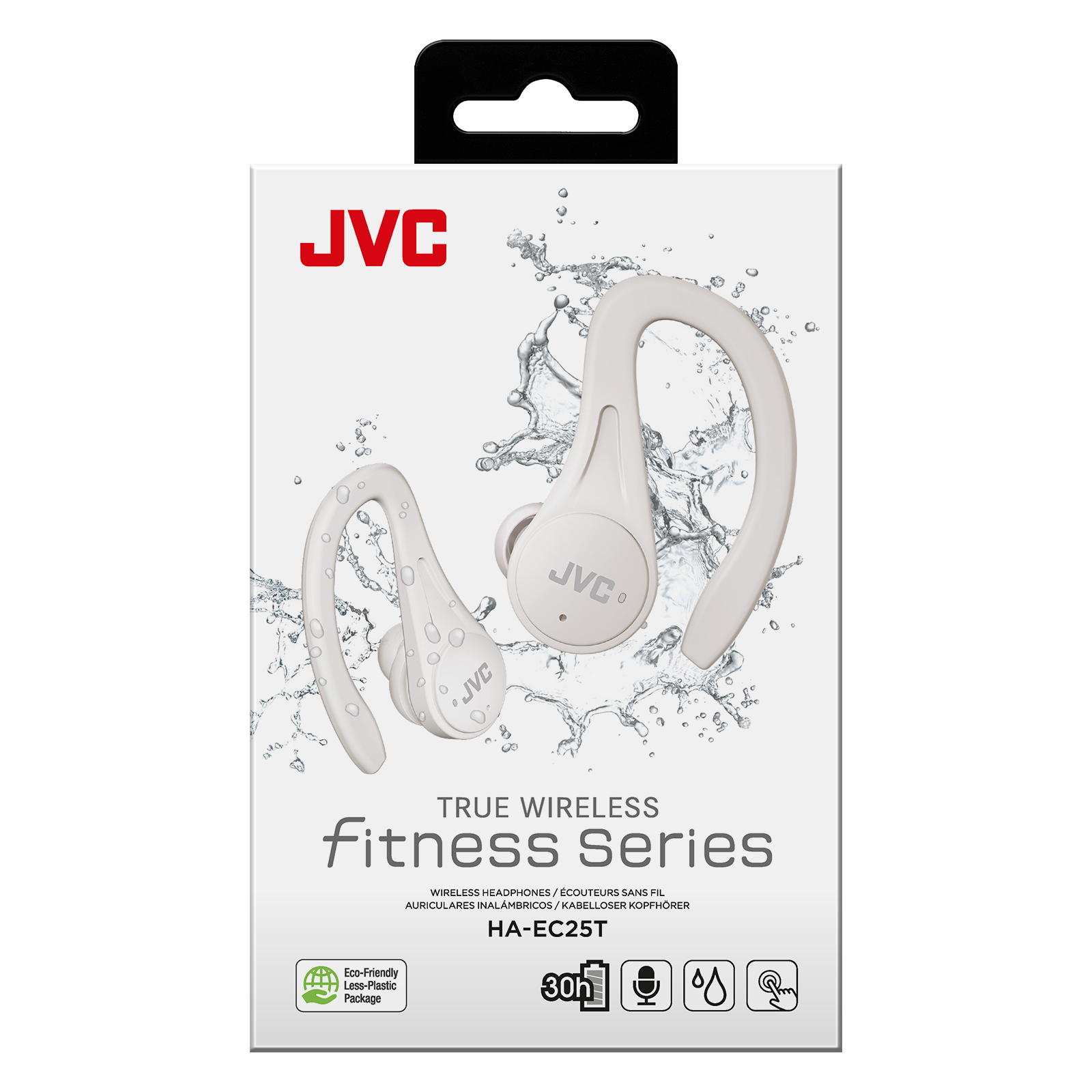 Białe słuchawki JVC True Wireless Fitness z rozpryskami wody na opakowaniu.