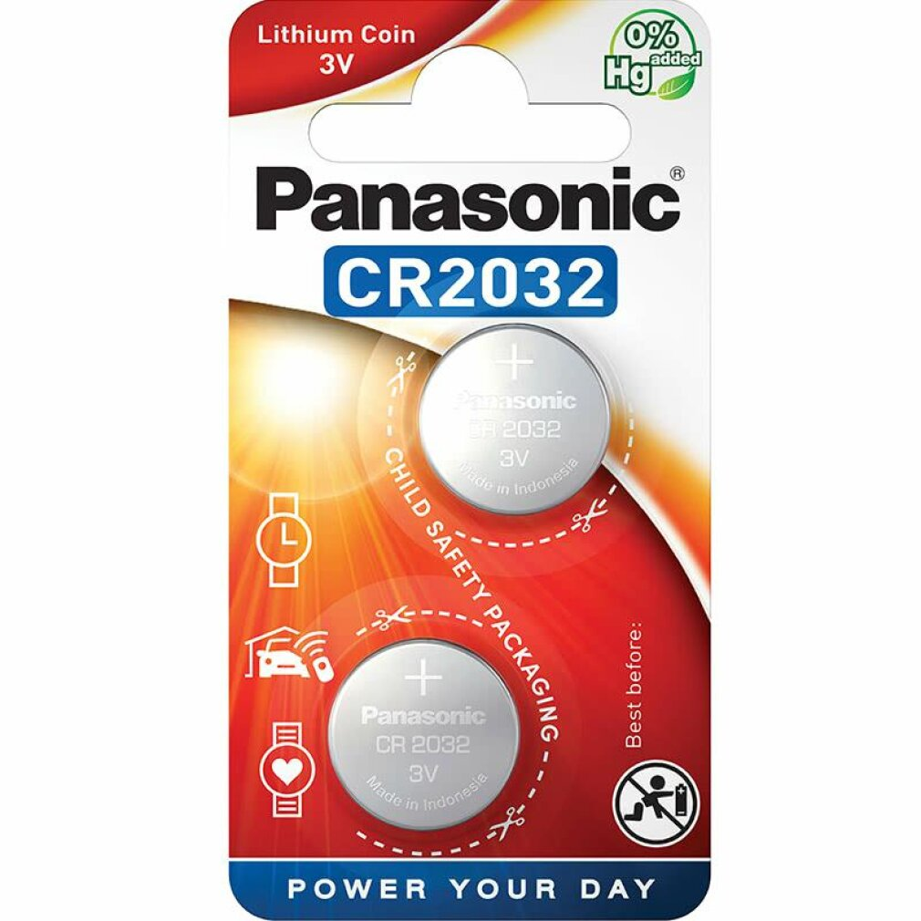 Verpakking van twee Panasonic CR2032 lithium knoopcelbatterijen met kindveilige verpakking.