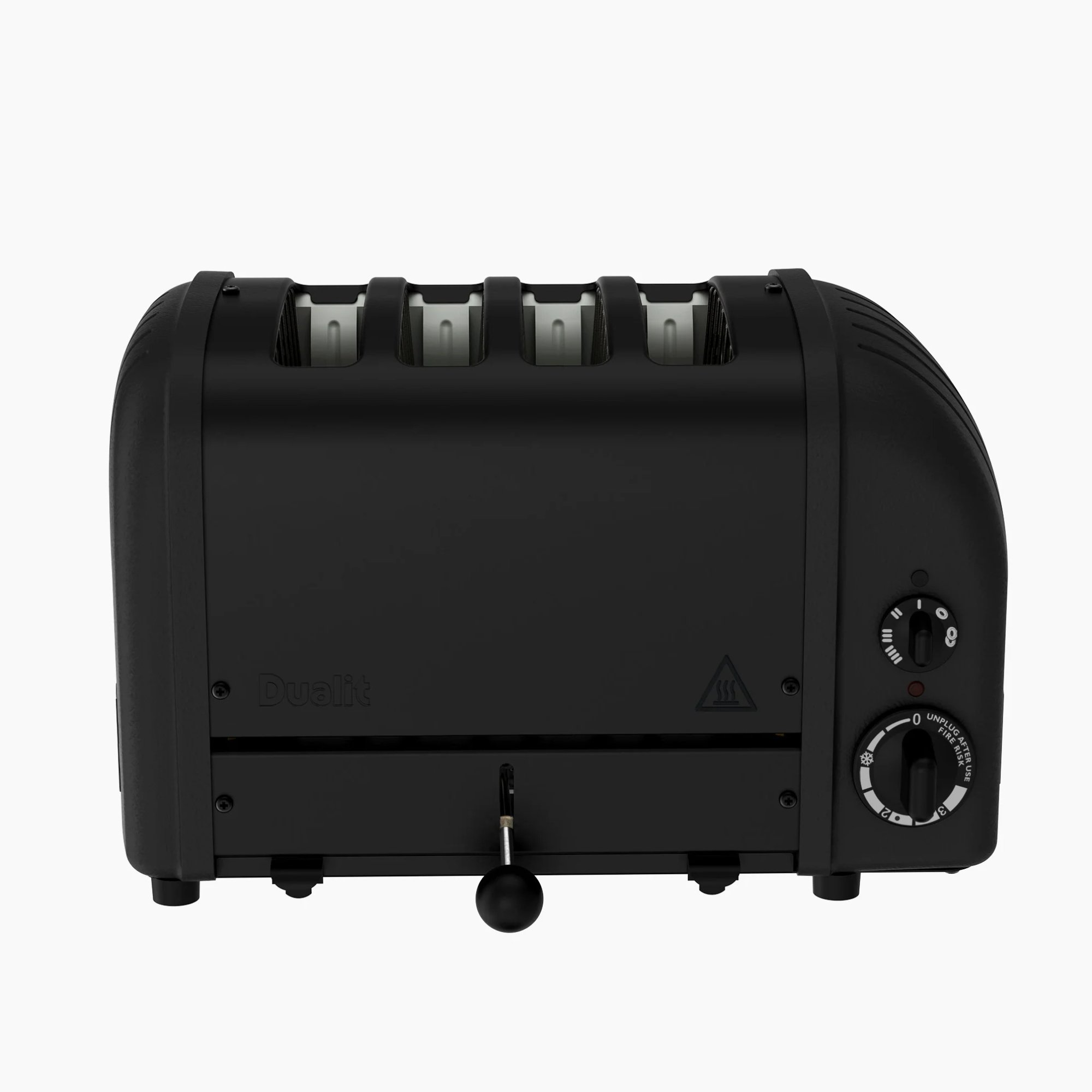 Schwarzer Toaster mit vier Schlitzen, seitlichem Hebel und Einstellknopf.