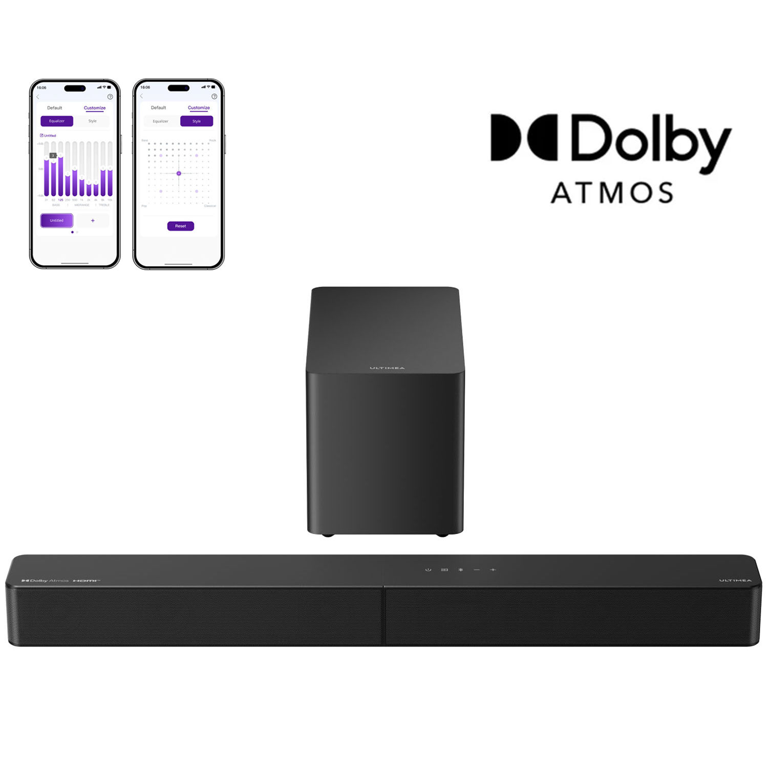 Schwarze Soundbar und Subwoofer mit Dolby Atmos Logo und Smartphone-App-Screens.