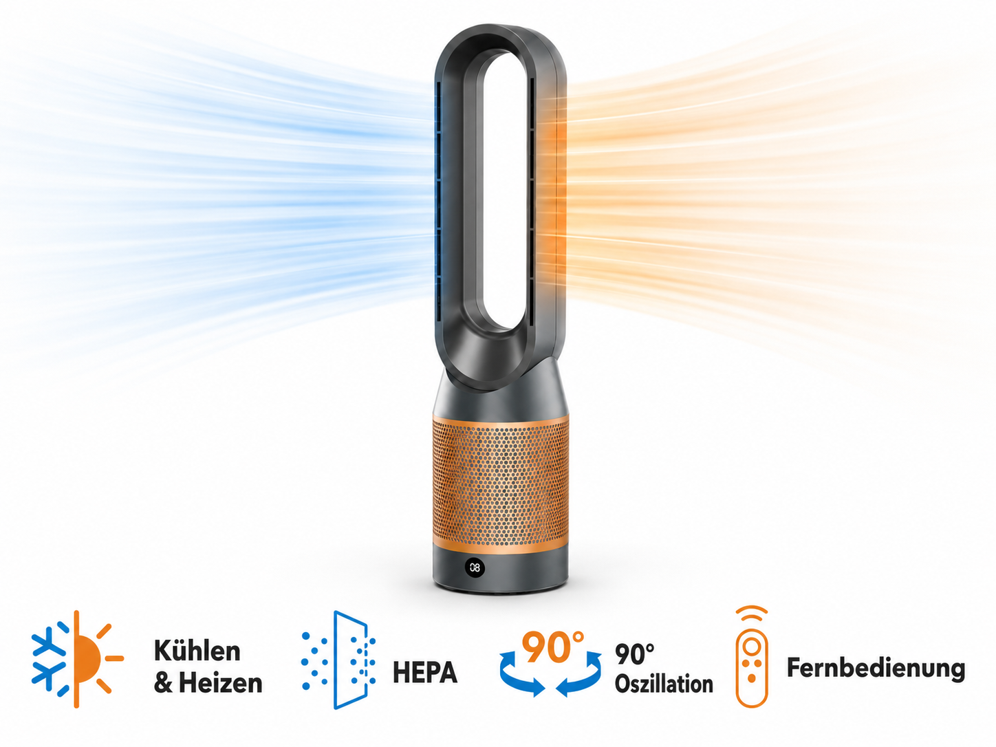 Ein Turmventilator mit orangefarbenem Gitter gibt warme Luft ab, blaue kühle Luft.