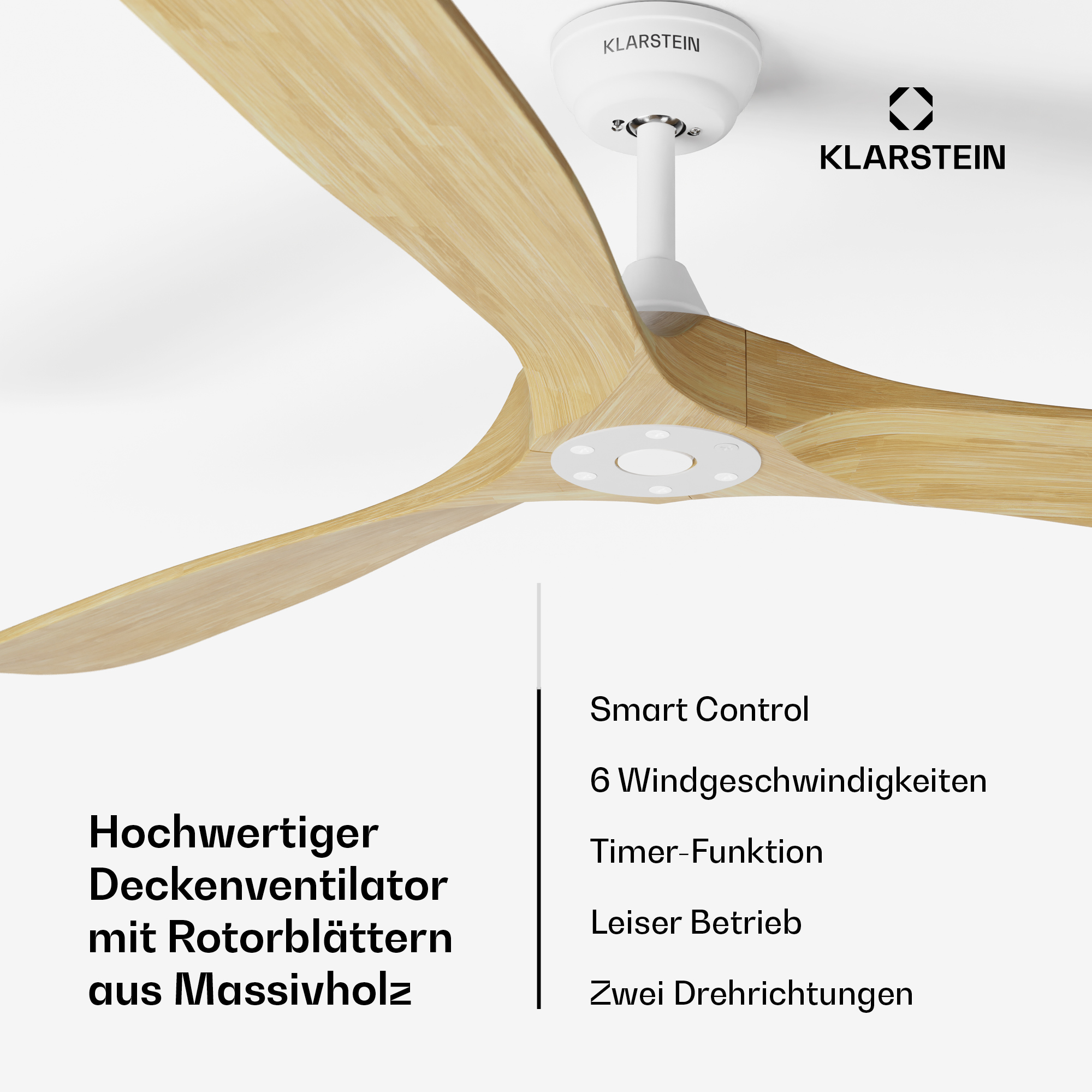 Moderner Deckenventilator mit Holzllook Rotorblättern, weiß