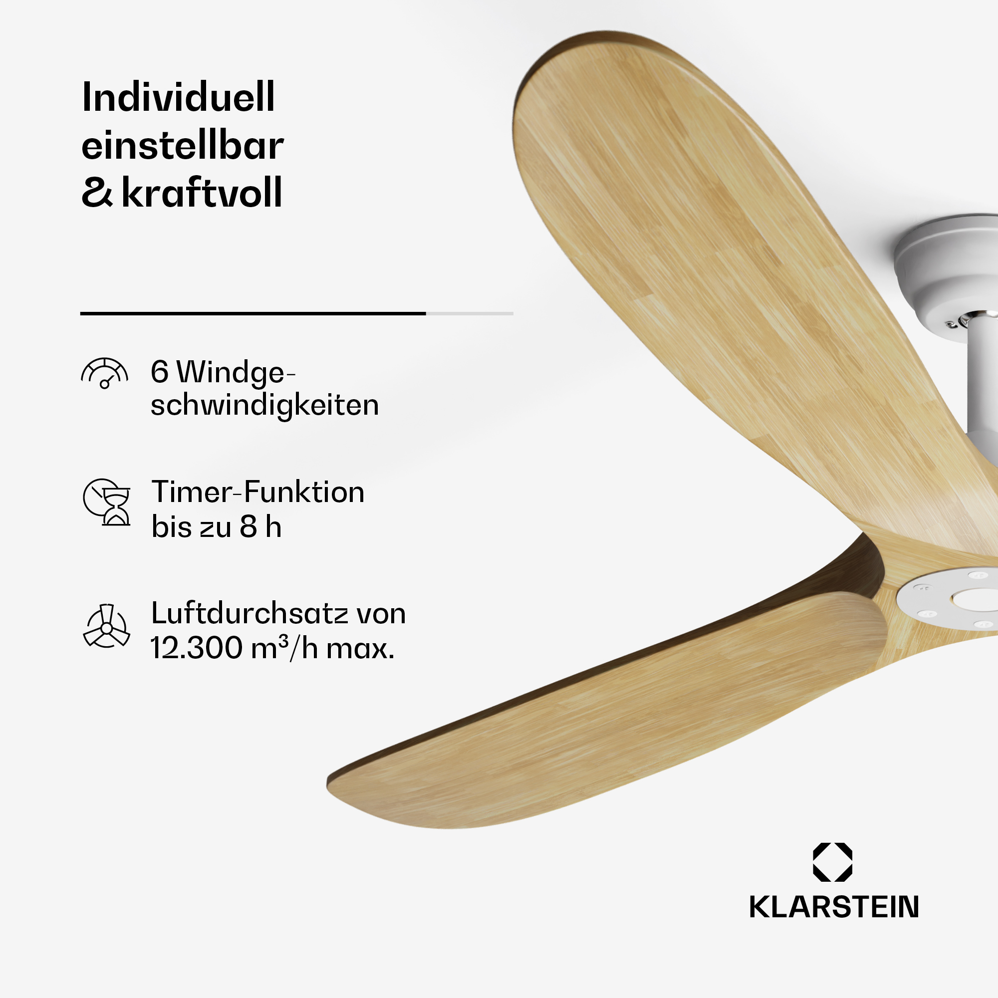 Deckenventilator mit 6 Geschwindigkeiten, Timer und 12.300 m³/h Luftdurchsatz.
