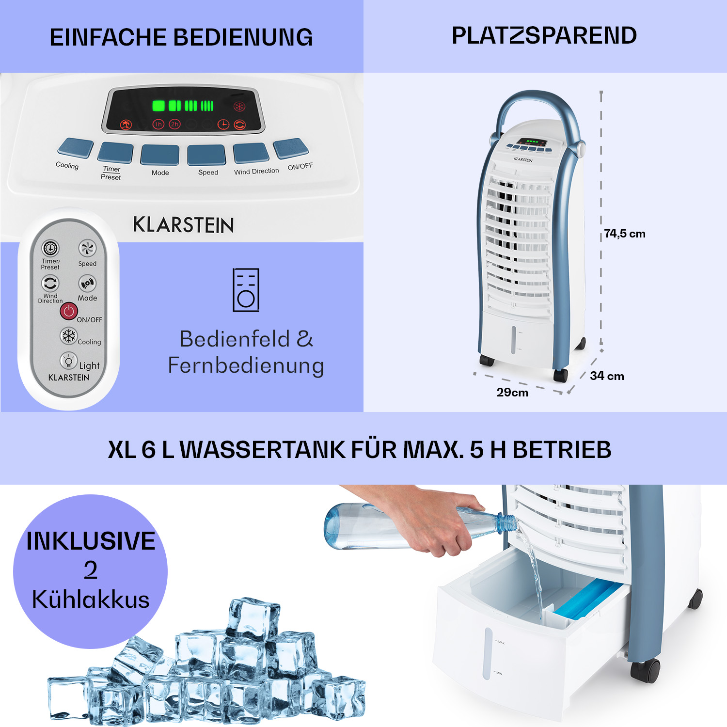 Kühlgerät mit Fernbedienung, Eiswürfel und Wassertank.