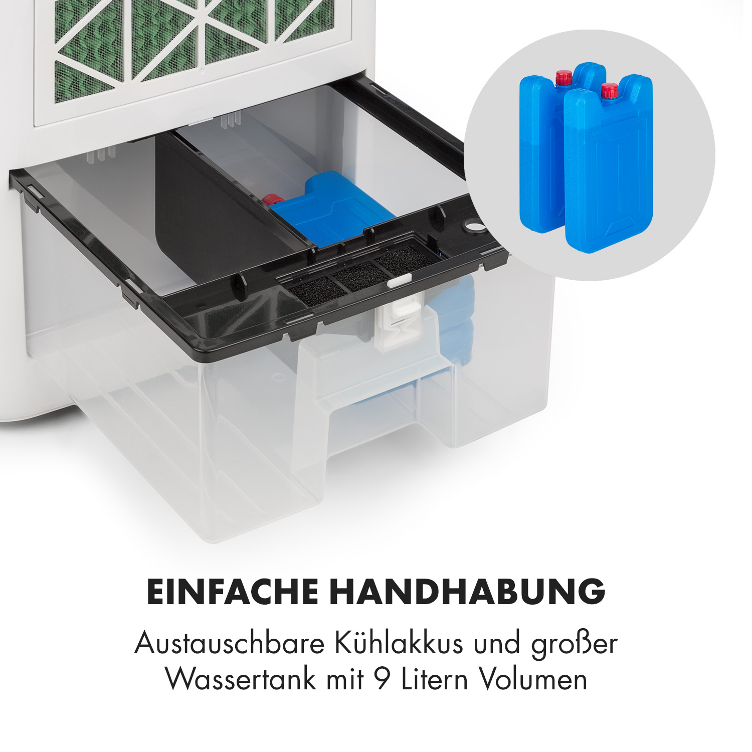 Kühlgerät mit entnehmbarem Wassertank und zwei blauen Kühlakkus im Kreis.