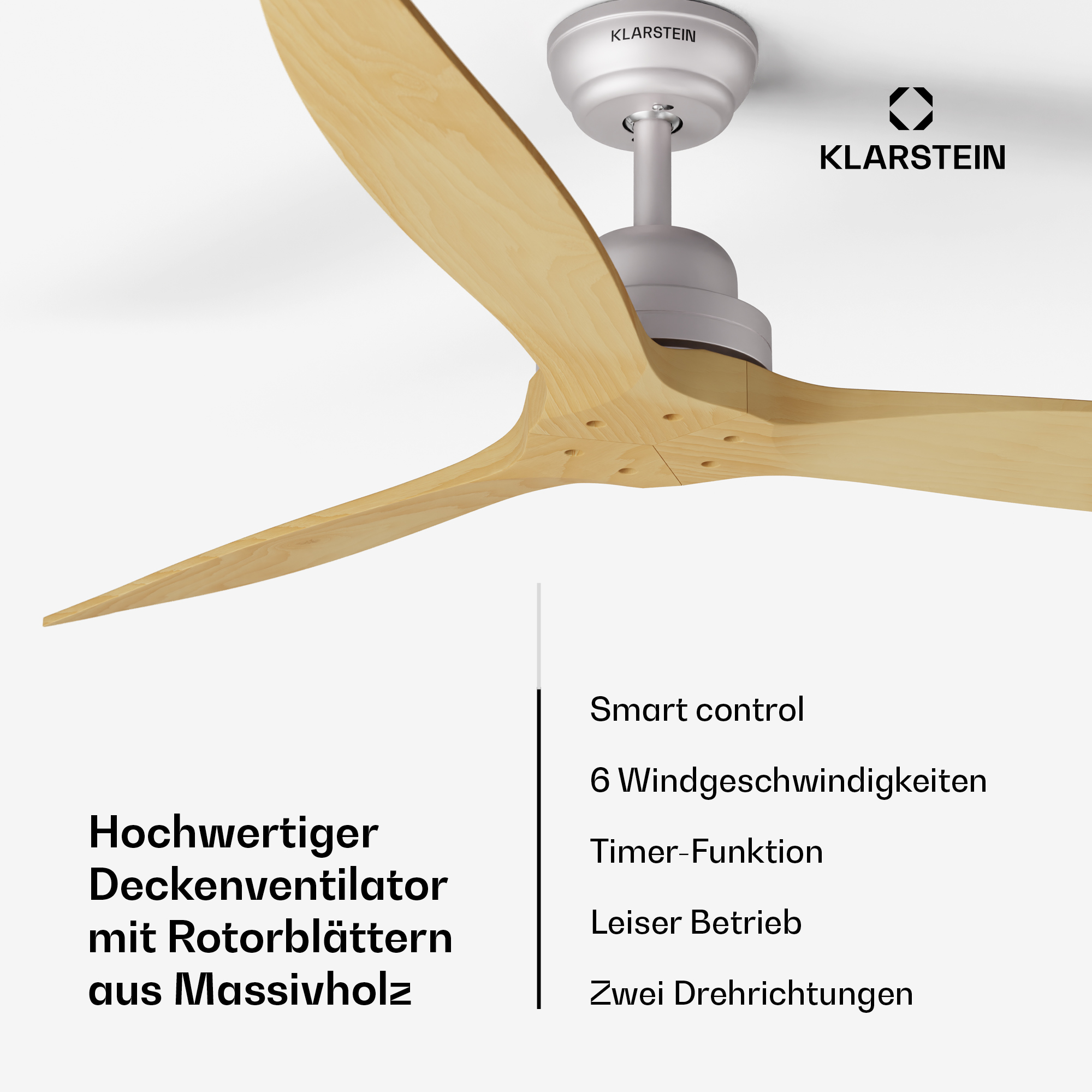 Hochwertiger Deckenventilator mit Holzrotorblättern und Smart-Control-Funktionen.