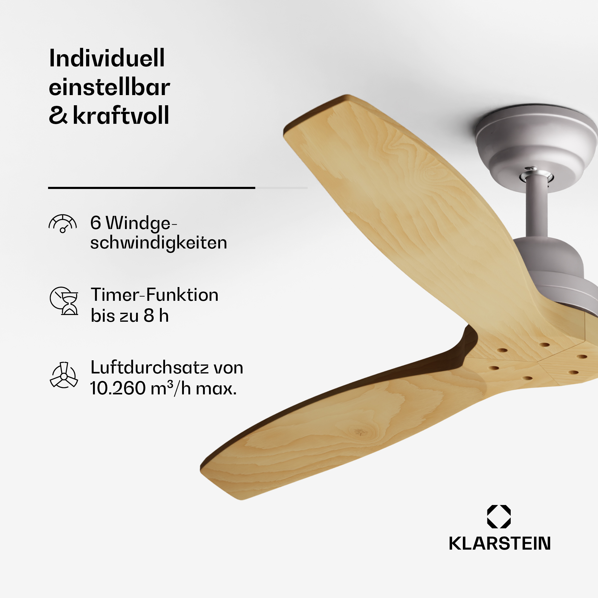 Deckenventilator mit Holzklingen, 6 Geschwindigkeiten, 8h Timer, 10.260 m³/h Luftzirkulation.
